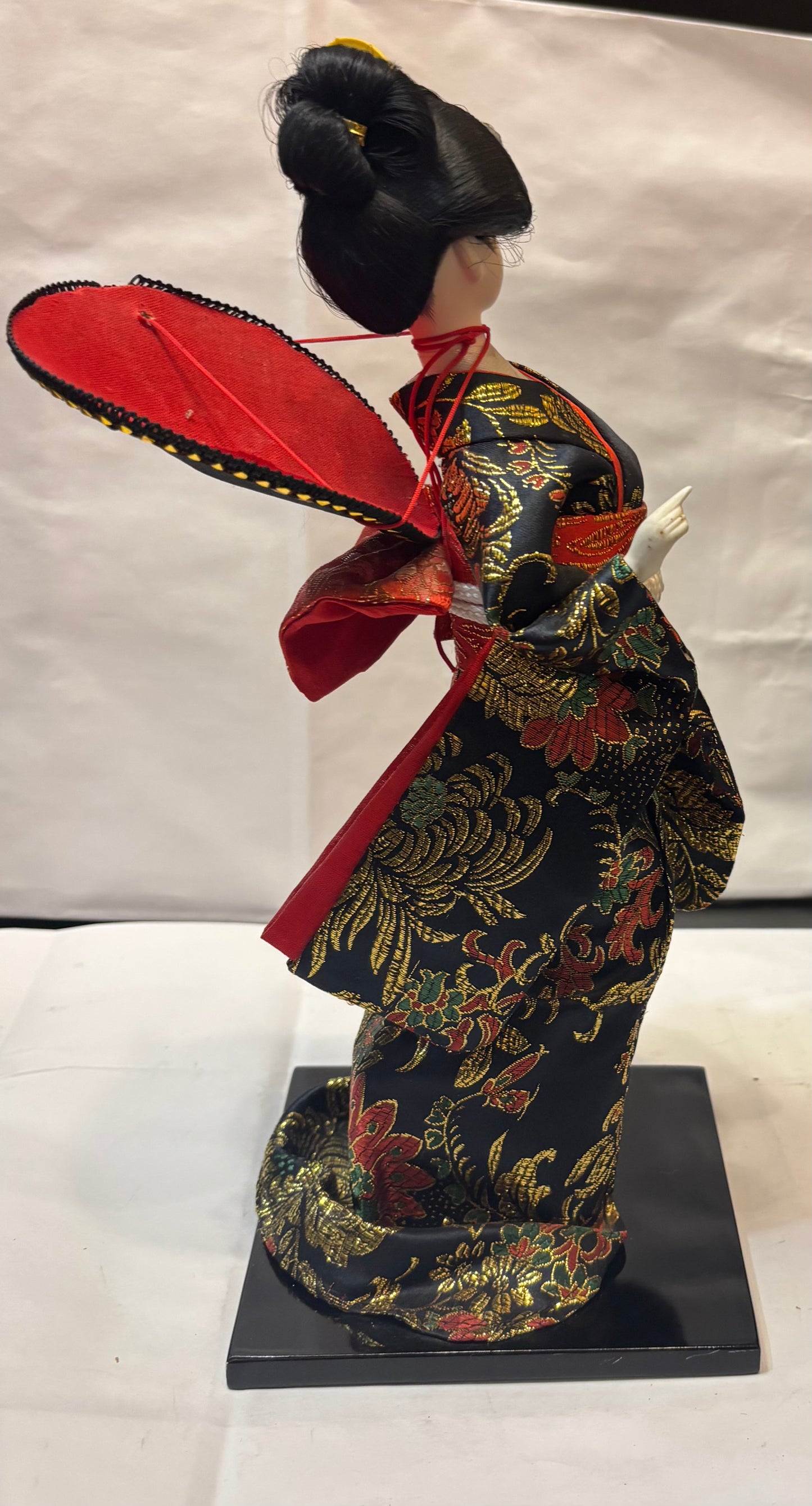 Vintage Japanese Geisha Girl Doll Traditional Kimono 13" Cloth Wood Stand Fan