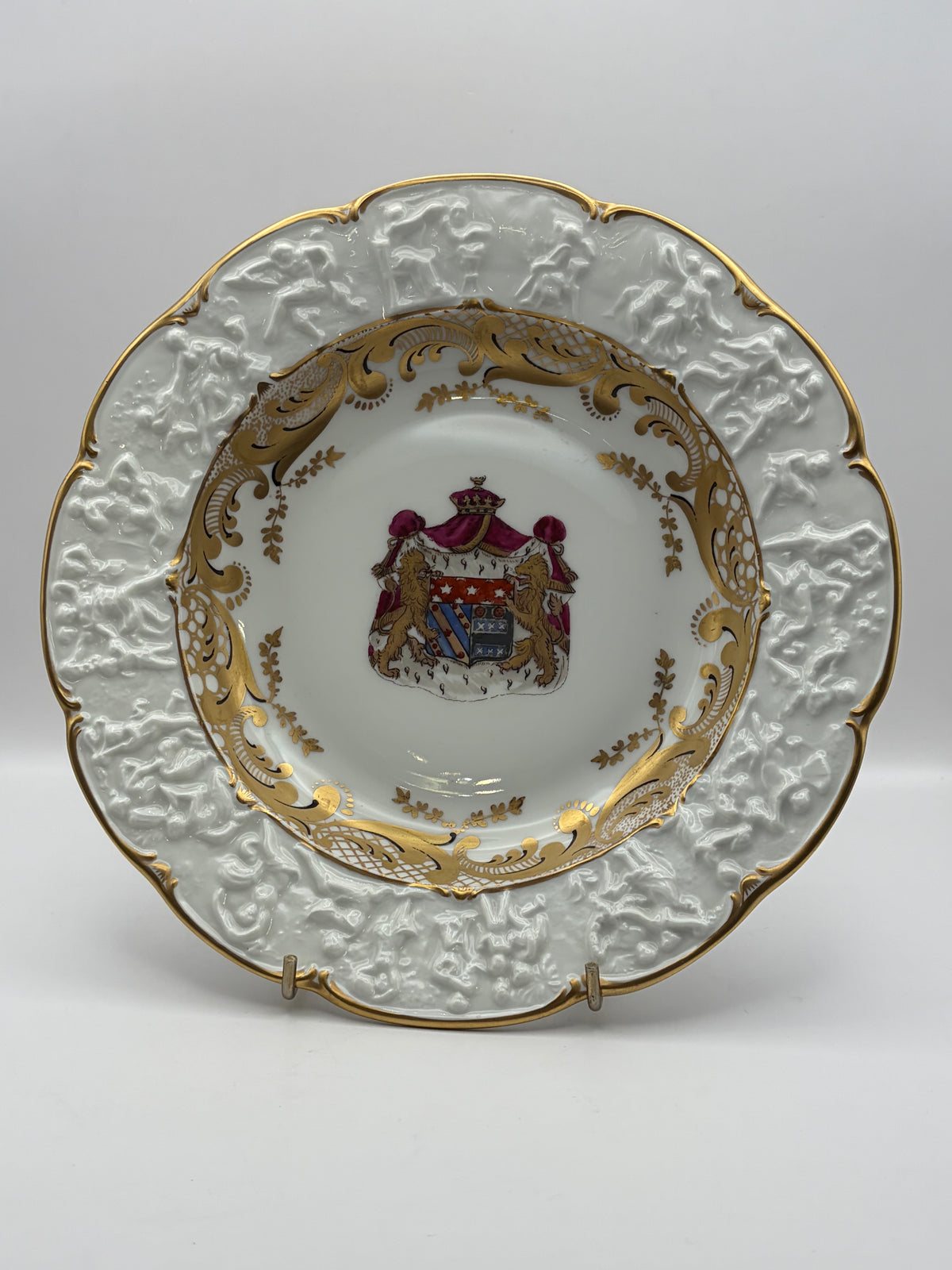 White Porcelain Plate Napoleon & Josephine Coat of Arms Gold Trim 10” Round capodimonte