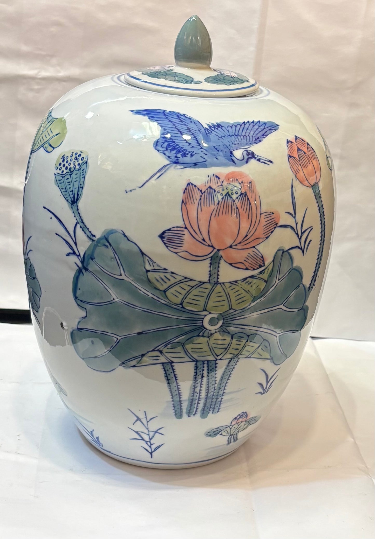 Vintage Chinoiserie Asian Ginger Jar Pink Lotus Flower Blue Heron Green Floral