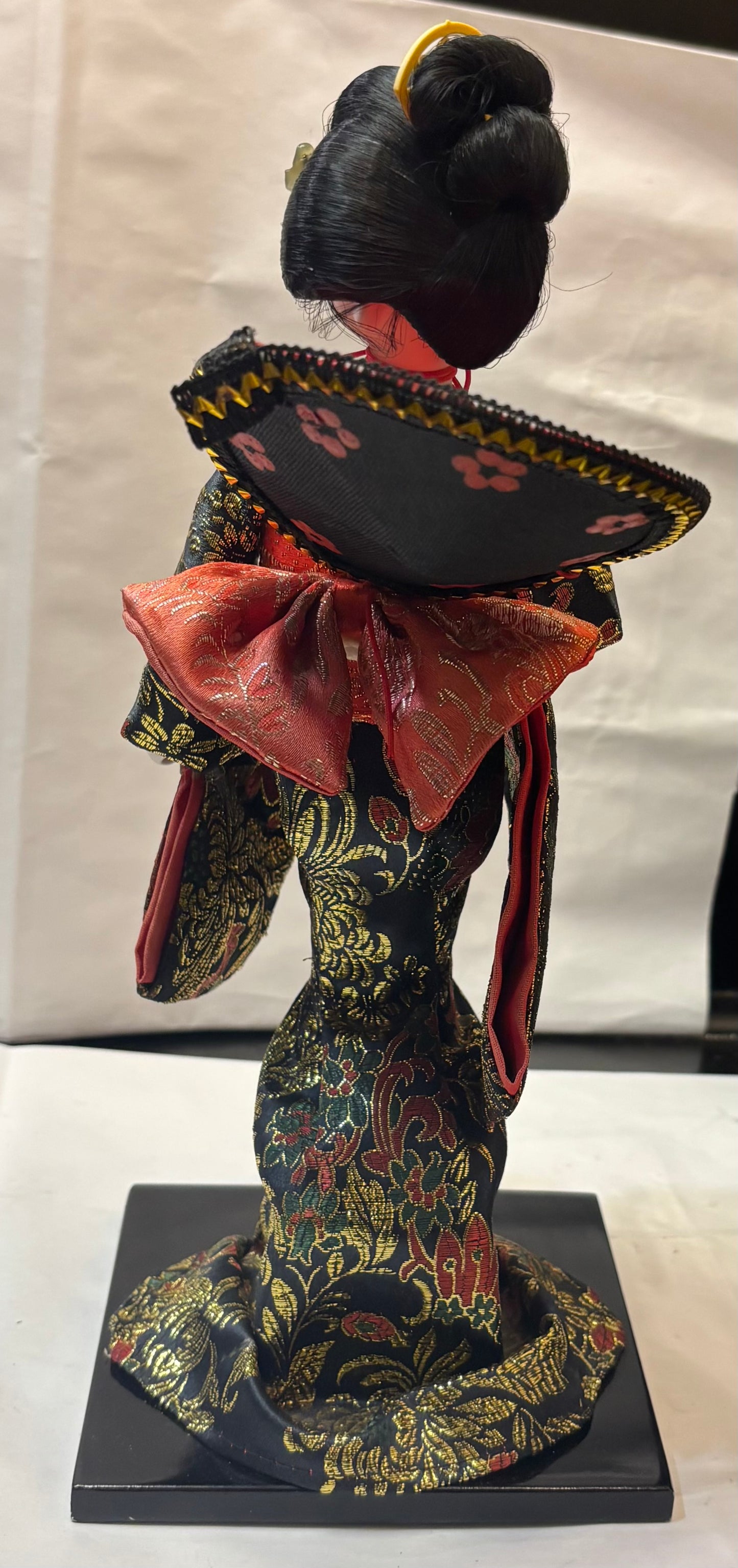 Vintage Japanese Geisha Girl Doll Traditional Kimono 13" Cloth Wood Stand Fan