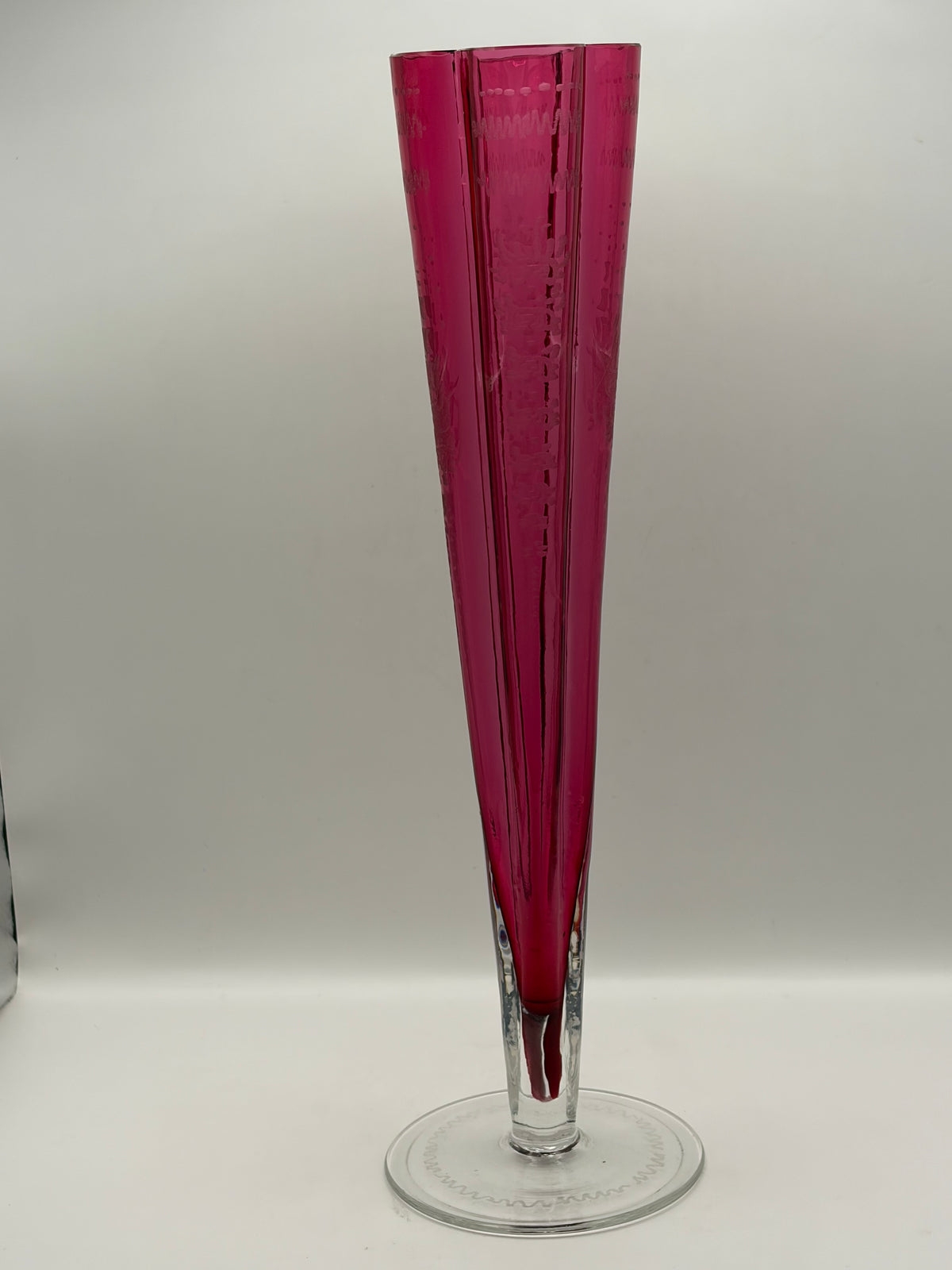 Zodad Pink Art Glass Vase Etched Abstract Design Clear Foot 12 in H 7 in L