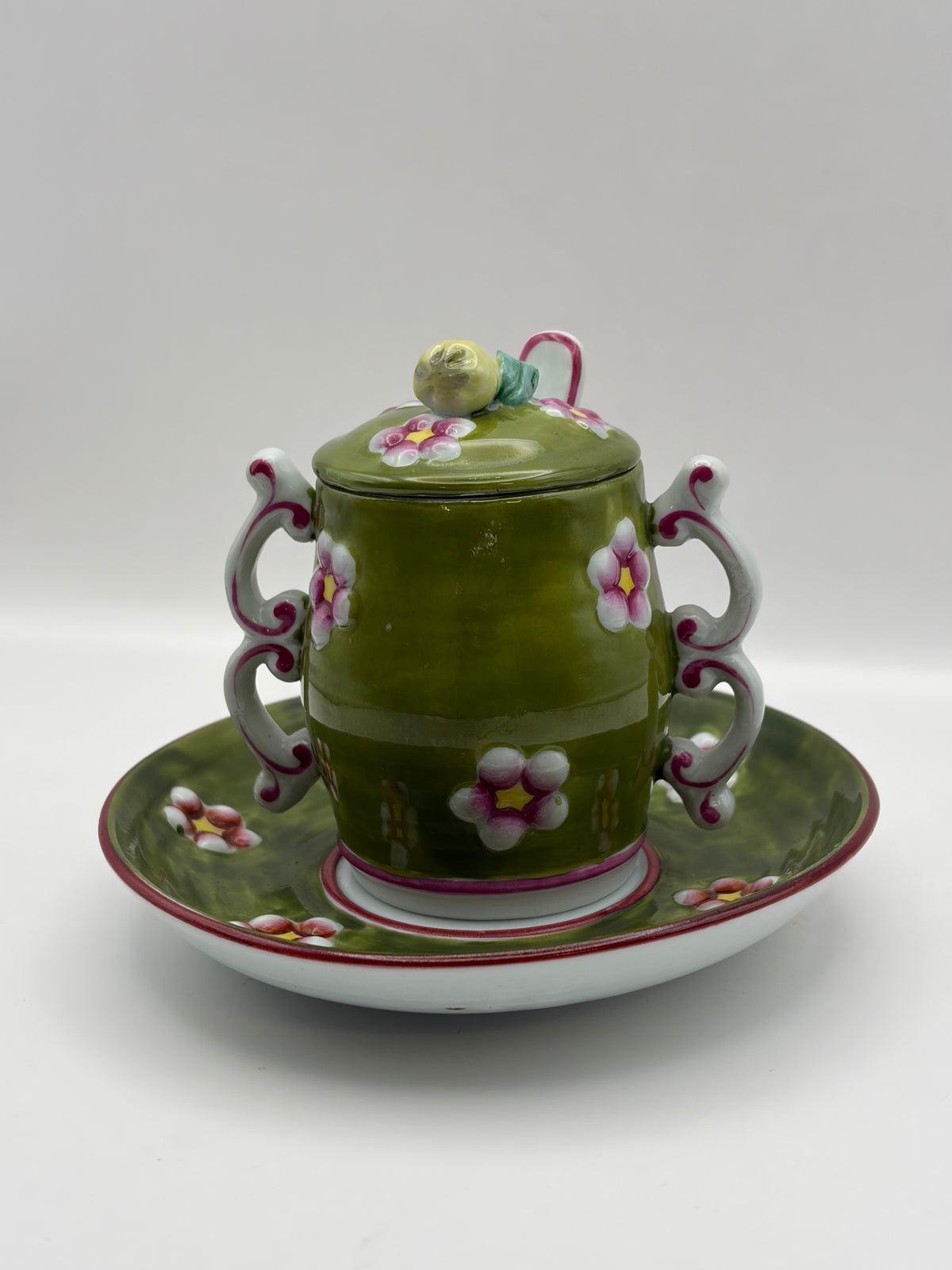Floral Green Ceramic Cup & Saucer Set w/ Lid & Spoon 4 oz Made in Italy