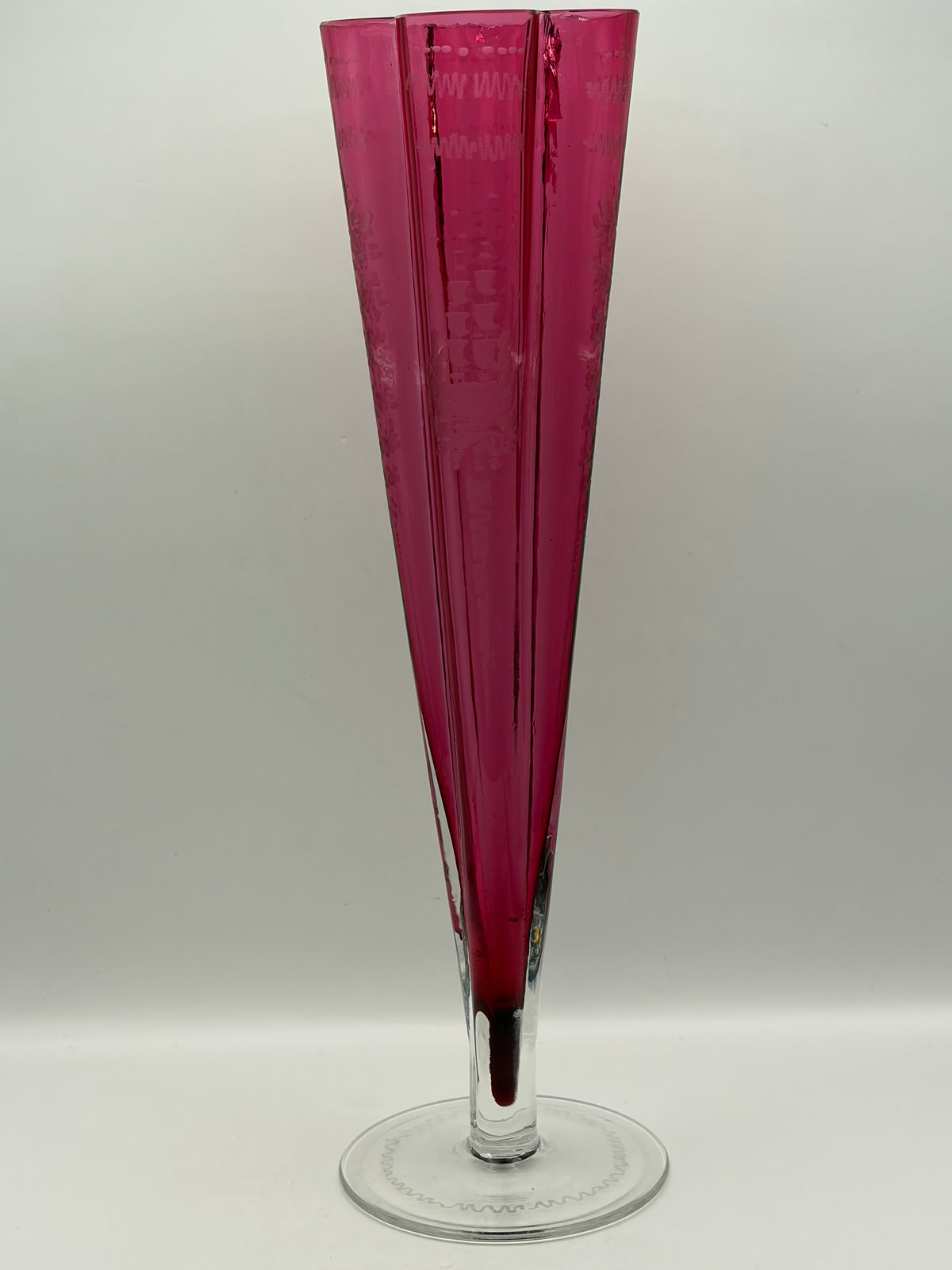 Zodad Pink Art Glass Vase Etched Abstract Design Clear Foot 12 in H 7 in L