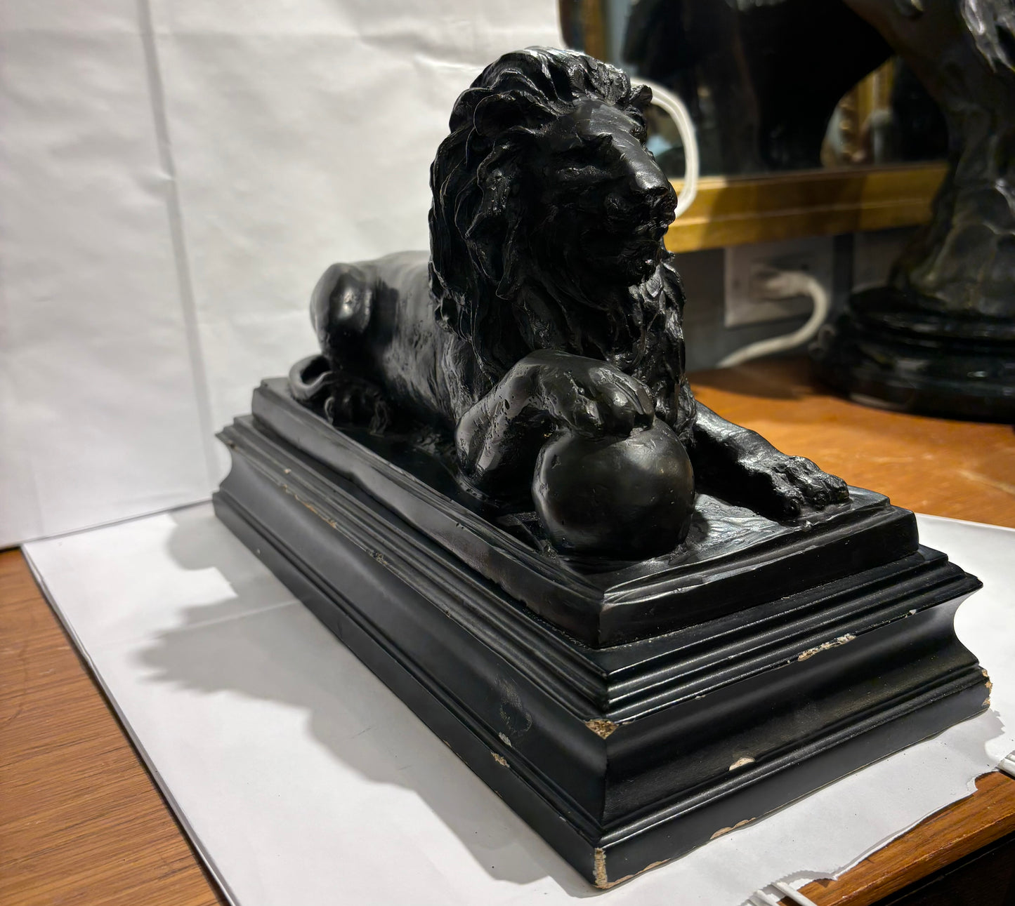 Vintage Resin Black Lion on Stand 12" X 9" Tall Almost