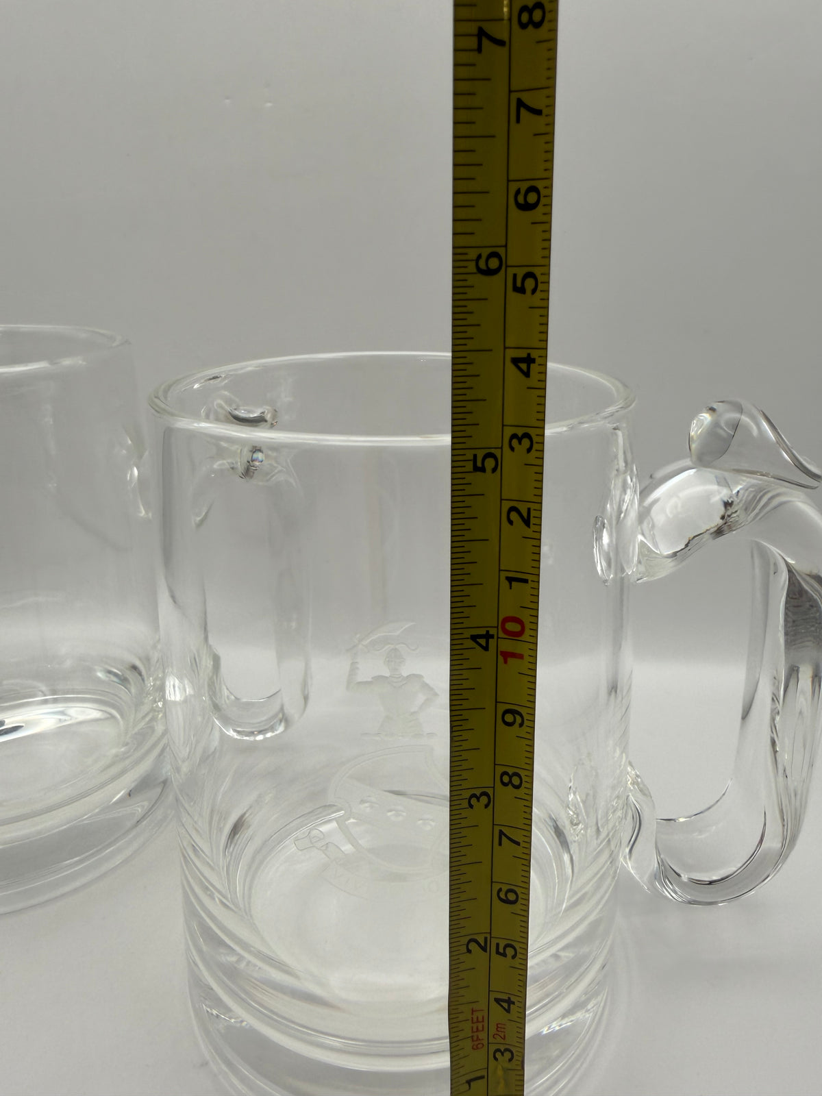 Steuben Set of 2 Clear Etched Glass Mugs w/ Handles Nautical Sailboat Sailor Design