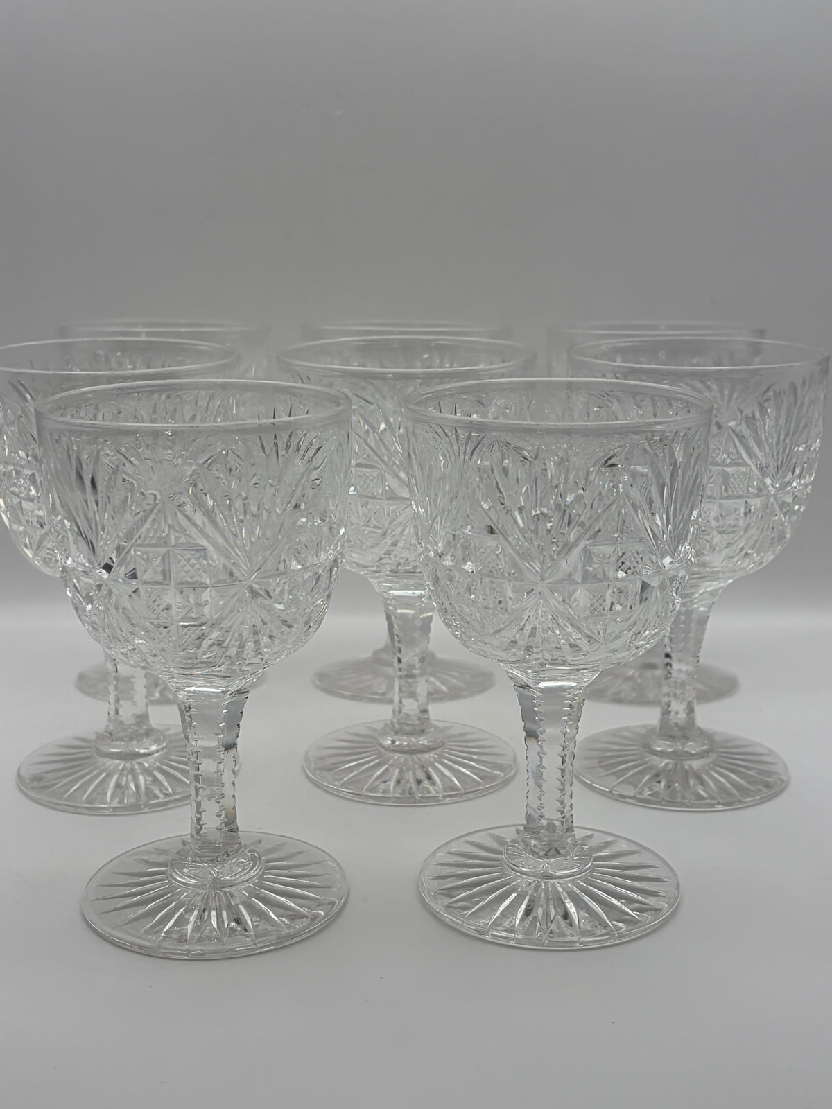 Set of 8 Clear Cut Glass Starburst Wine Glasses/Goblets Stemware 6 in