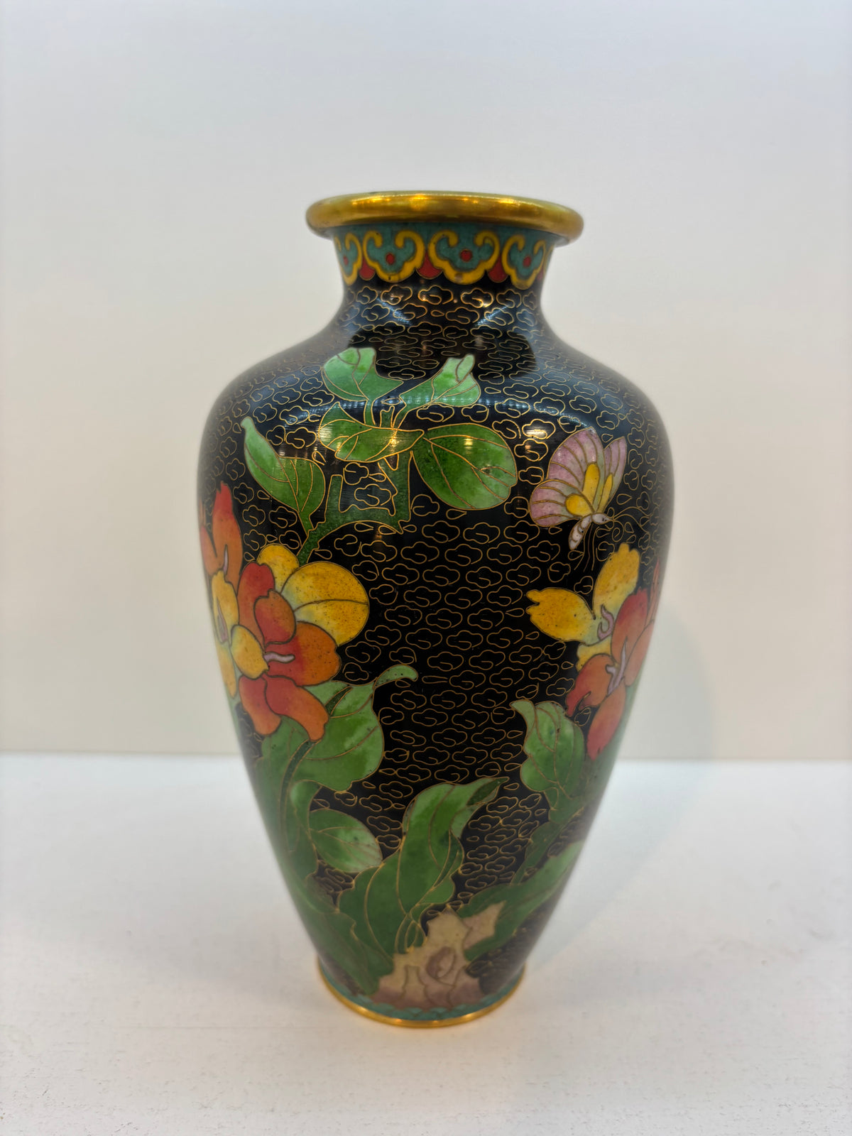 Chinese Vintage Jingfang Cloisonne Vase, Brass Flower Vase, Cloisonne Vase, Hand Made Painted, Gold Floral, Home Decor, Gift 
 7 1/8”