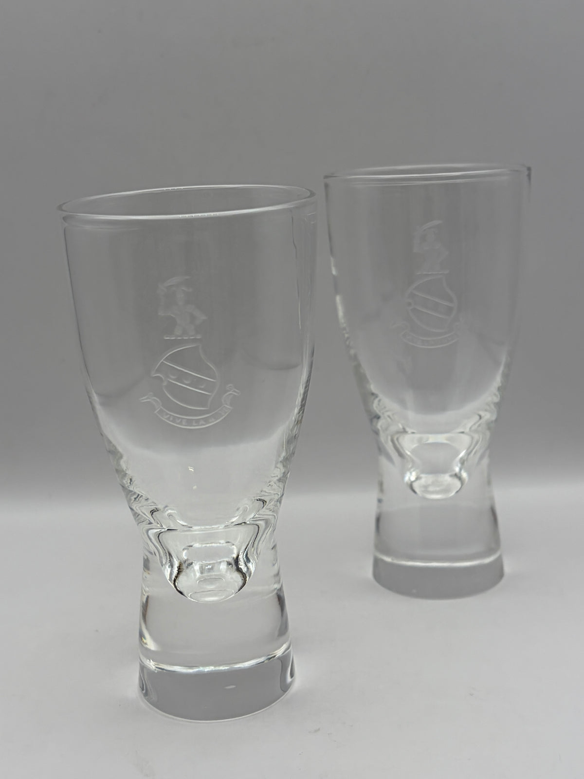 Steuben Fireball Etched Clear Glass Shot Glasses Set of 2, 4.75" H x 2.25" Dia