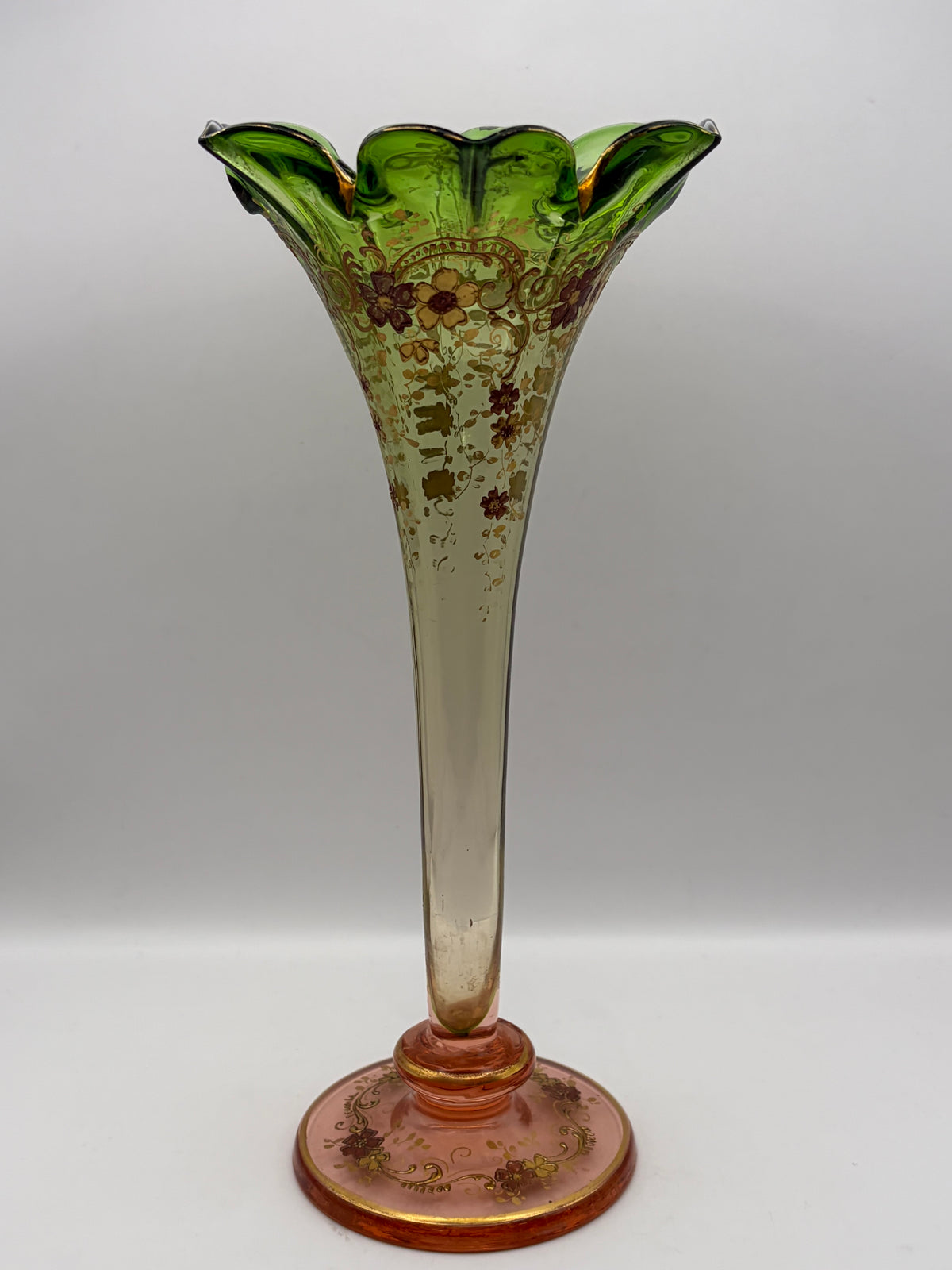 Hand Painted Floral Glass Trumpet Vase Green & Pink Flared Scalloped Rim 11"