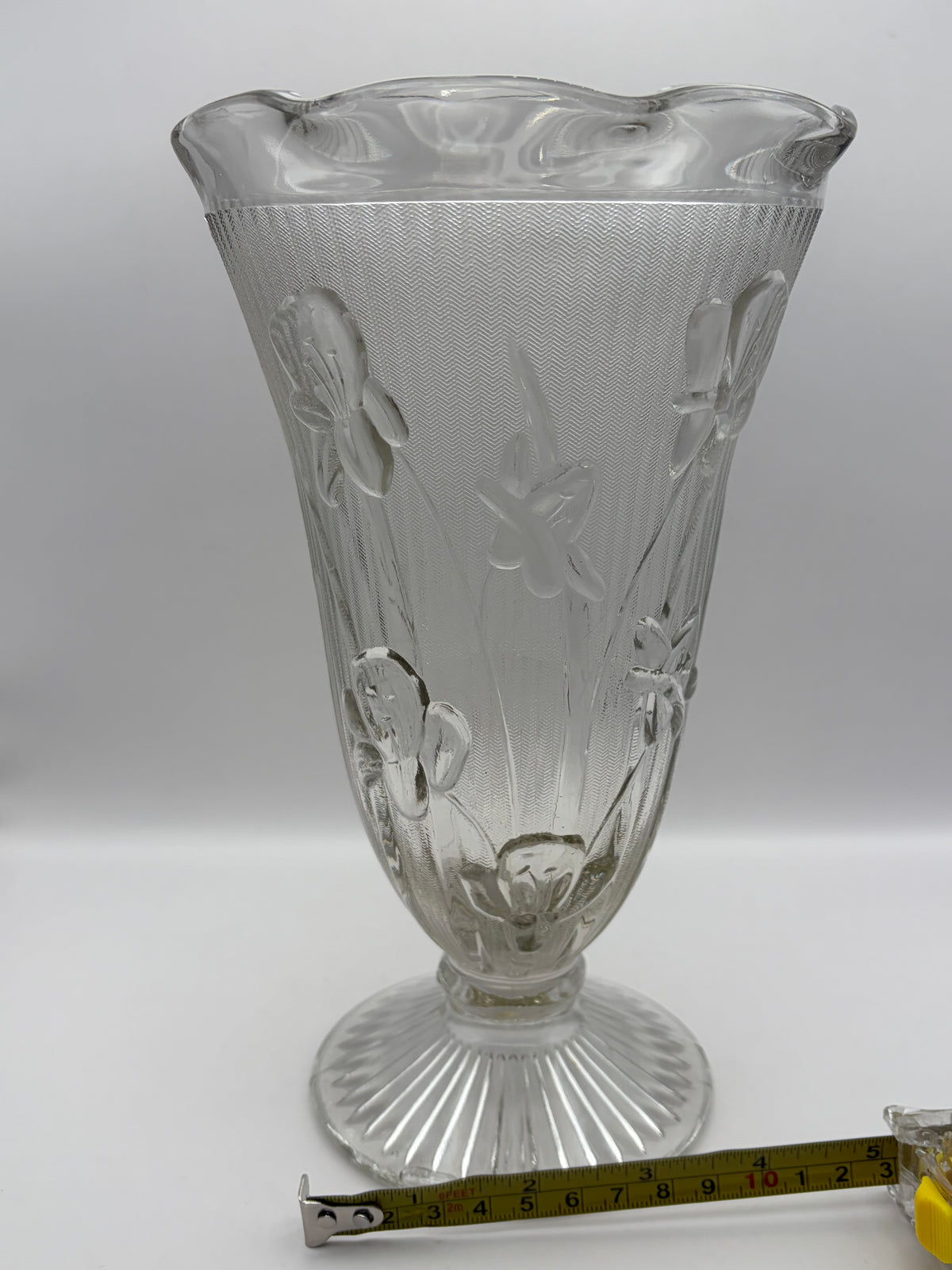 Vintage clear pressed glass footed flower vase  Irish herringbone pattern 1928 - 1932
