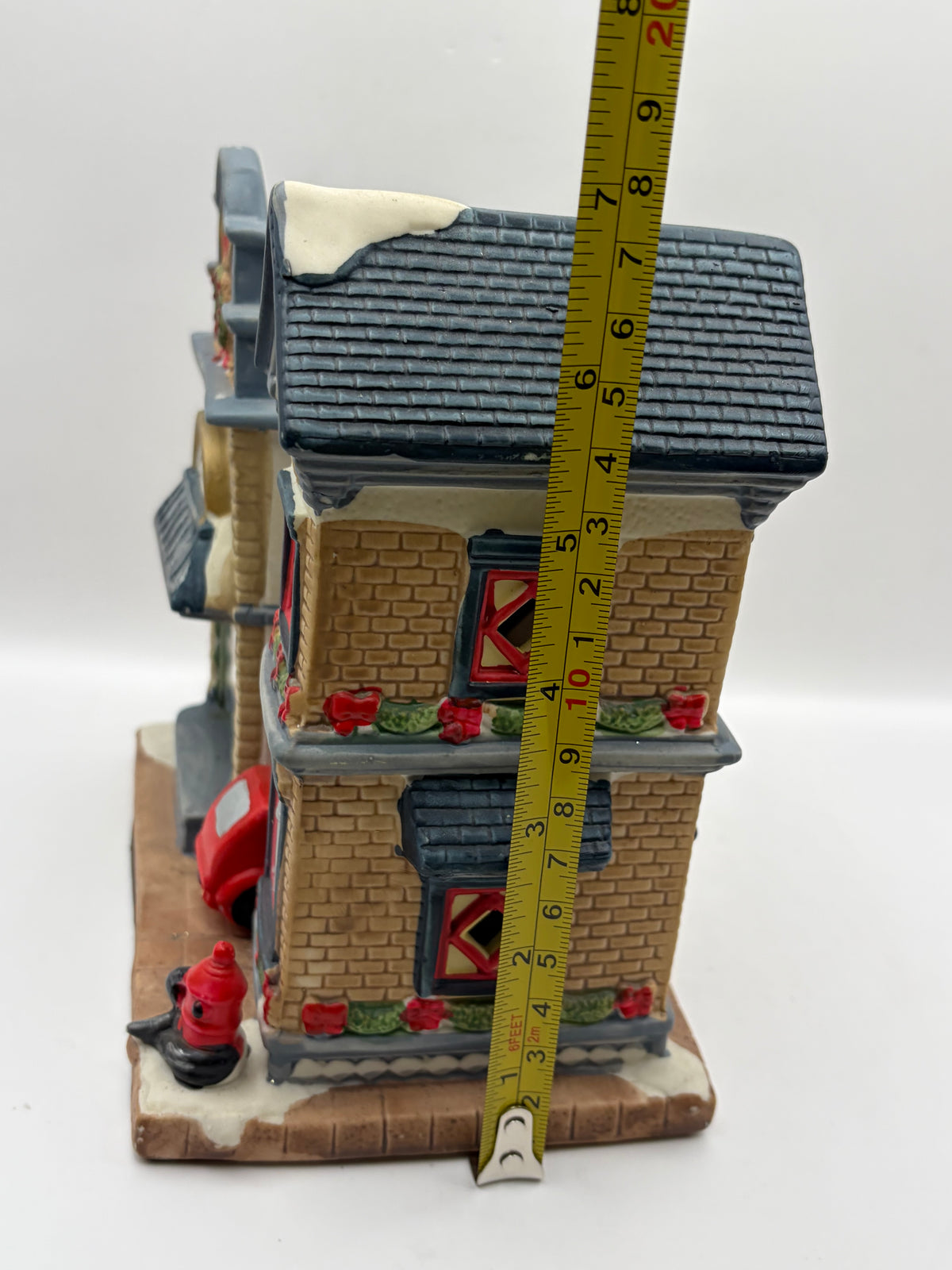 Ceramic Holiday Village Fire Station House Building Figurine w/ Red Truck 7in