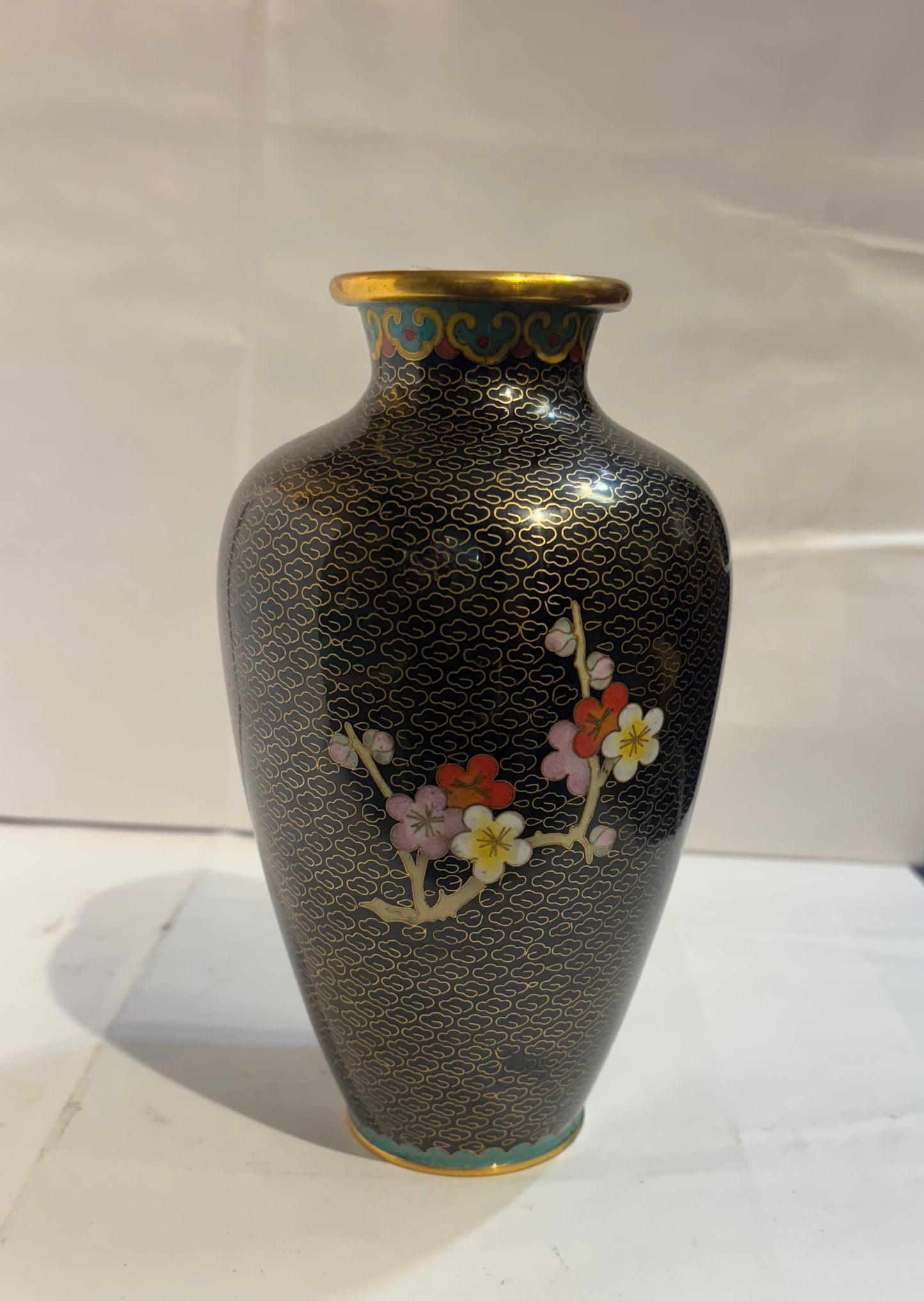 Chinese Vintage Jingfang Cloisonne Vase, Brass Flower Vase, Cloisonne Vase, Hand Made Painted, Gold Floral, Home Decor, Gift 
 7 1/8”