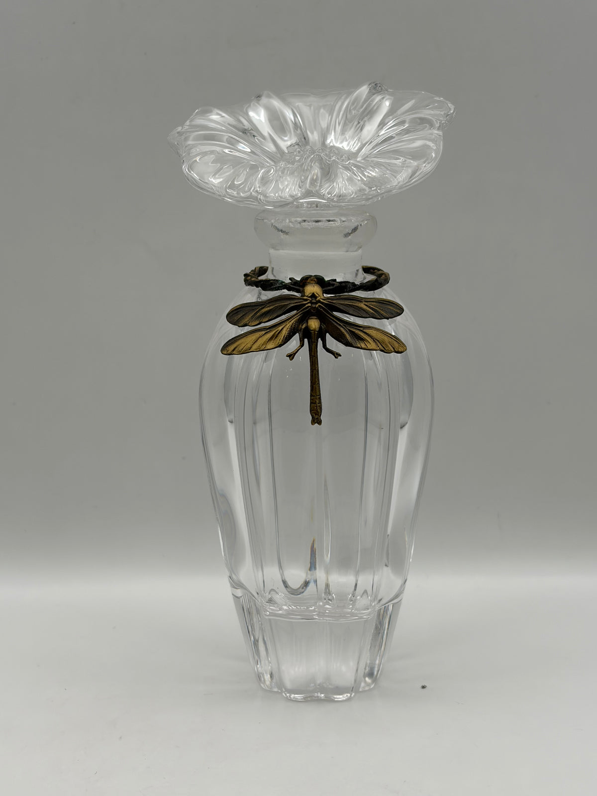 Decorative Clear Glass Perfume Bottle with Flower Stopper & Dragonfly Accent