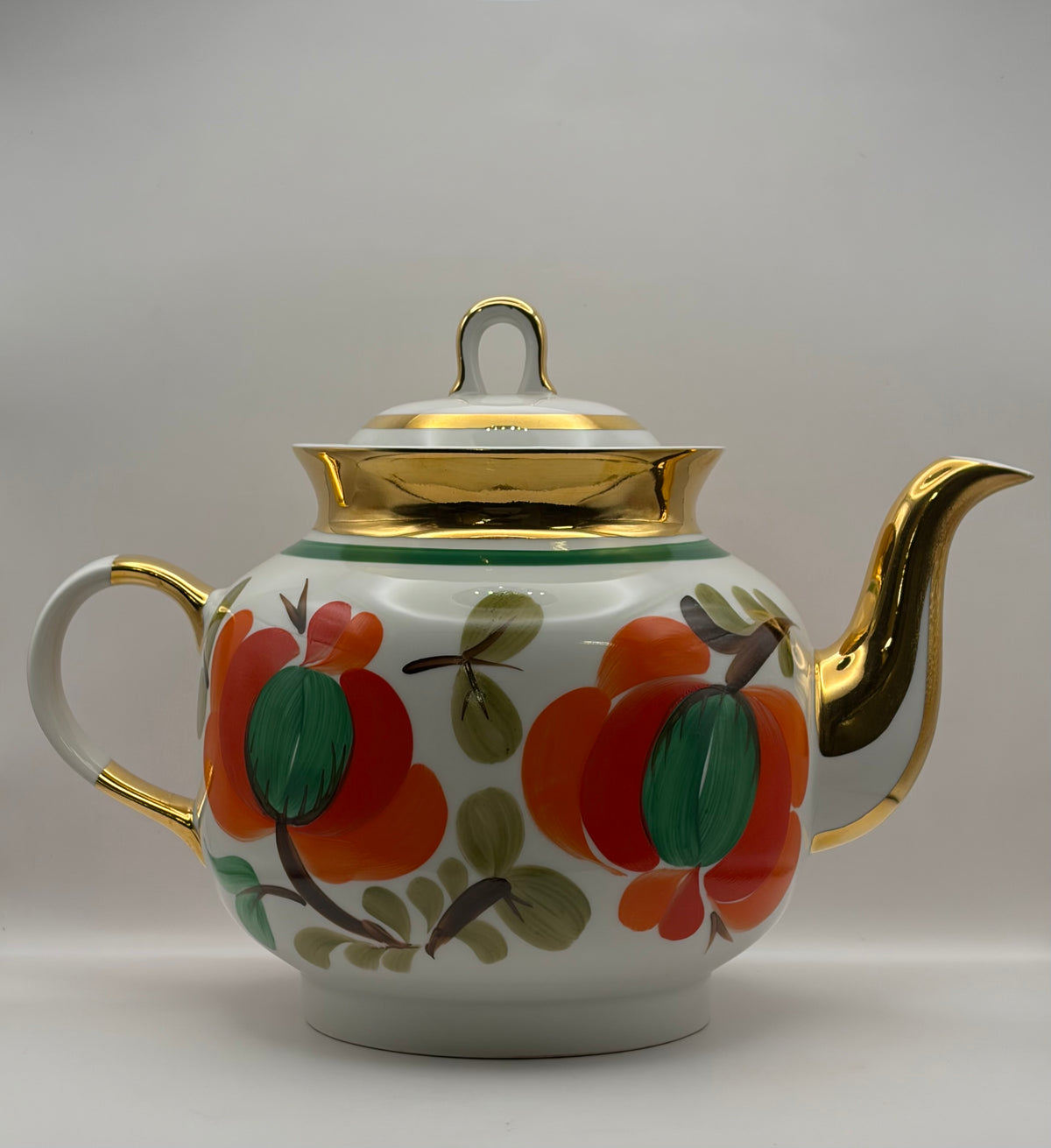 Porcelain Floral Teapot w/ Lid Gold Trim Round Handles Painted Backstamp 7 in