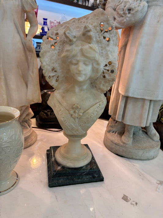 Adolfo Cipriani, Bust of a Woman in a Ruffled Bonnet, Alabaster Sculpture