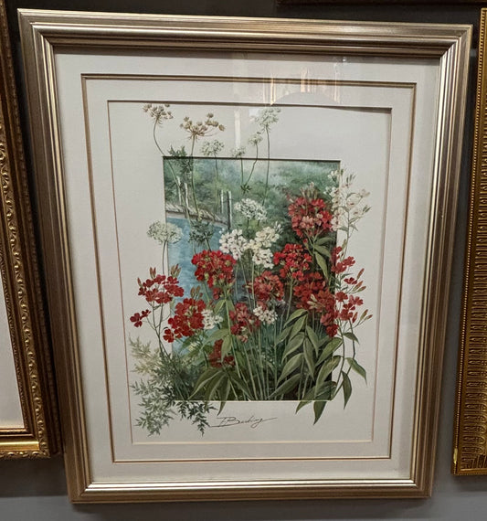 “Red floral with bridge” water color, signed E. Bucking