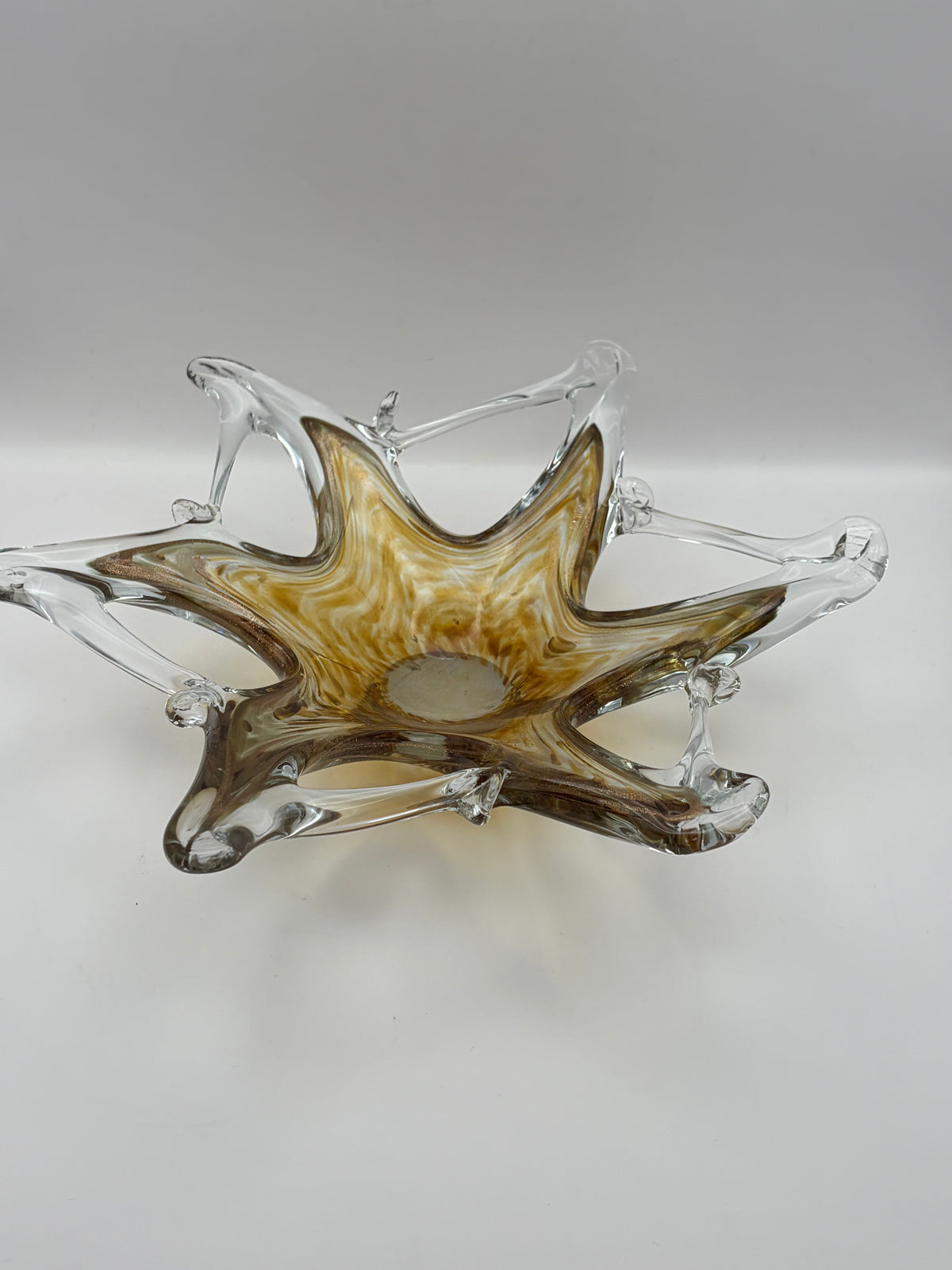 Clear & Amber Swirl Art Glass Star Decorative Bowl Hand Blown 10" Dia 3" H