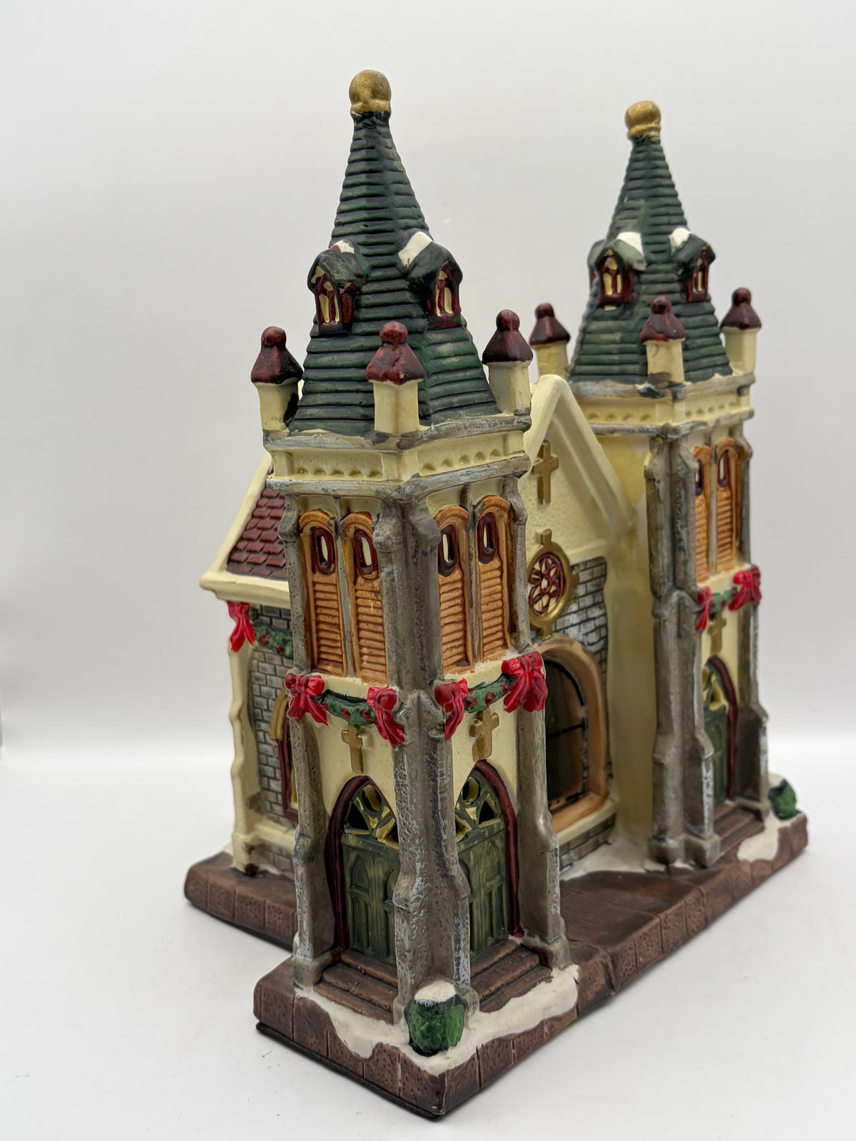 Christmas Village Ceramic Church Building Twin Towers, Painted, 8in Multicolor