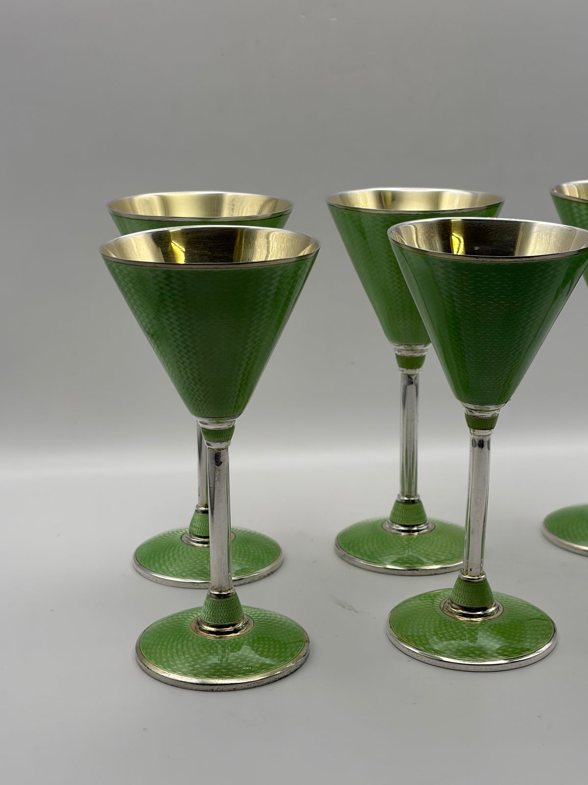 Vintage Germany Art Deco beautiful green guilloché enamel set STERLING SILVER