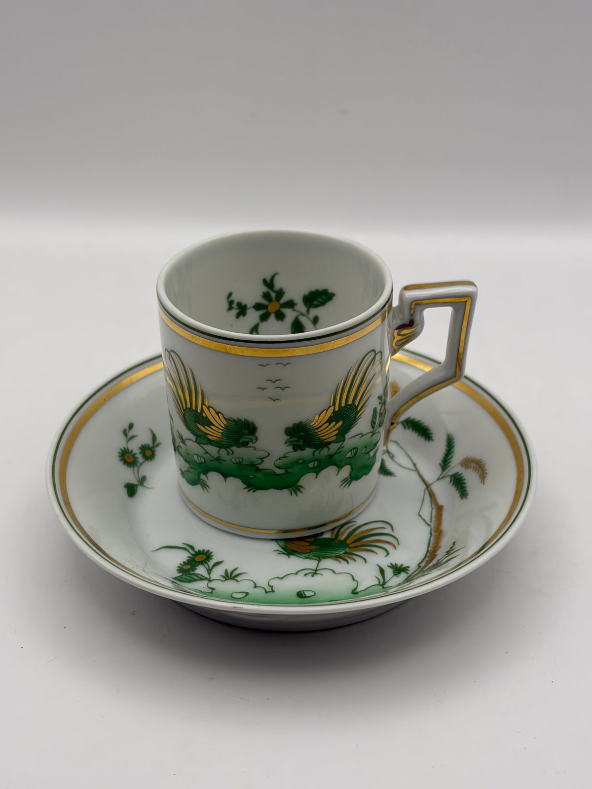 Richard Ginori Porcelain Cup & Saucer Italy White Green Gold Bird, Gold Handle