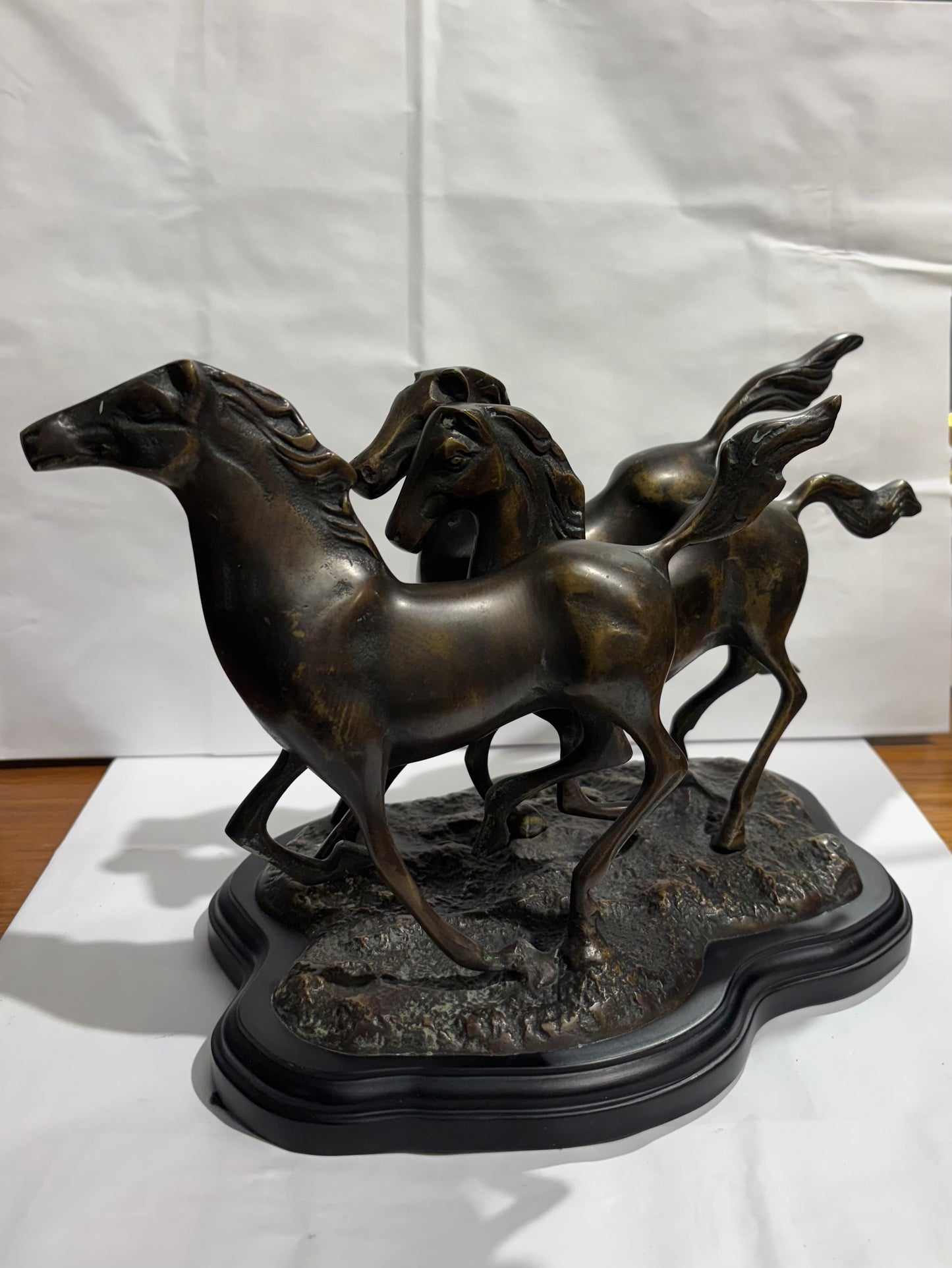 3 Galloping Horses bronze Statue - Wood Base sculpture - Heavy