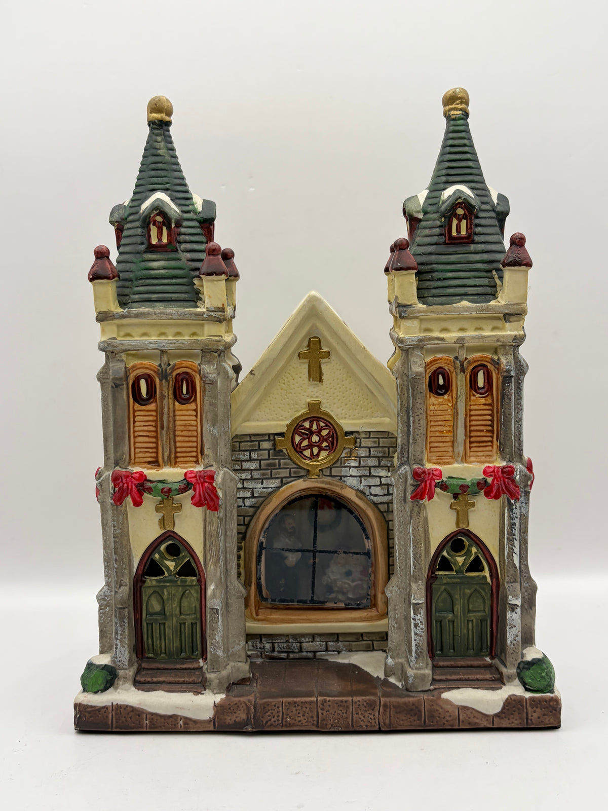 Christmas Village Ceramic Church Building Twin Towers, Painted, 8in Multicolor