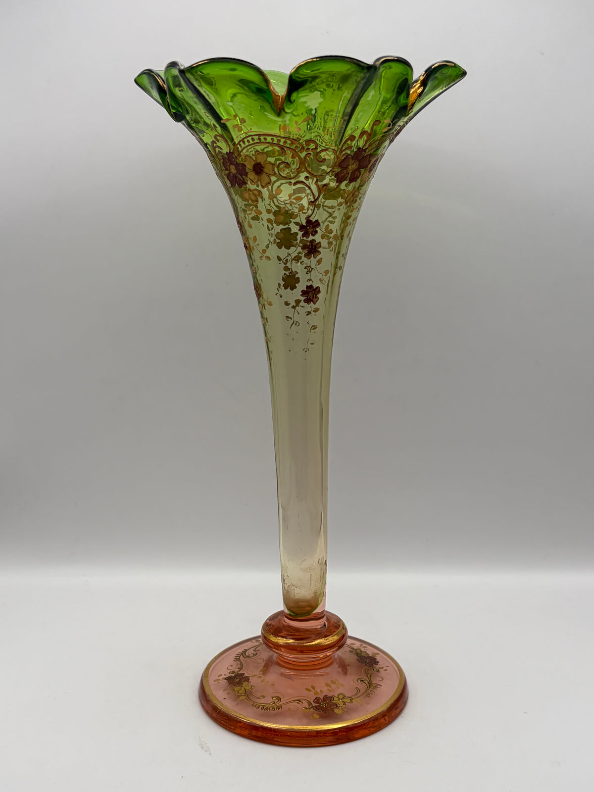 Hand Painted Floral Glass Trumpet Vase Green & Pink Flared Scalloped Rim 11"
