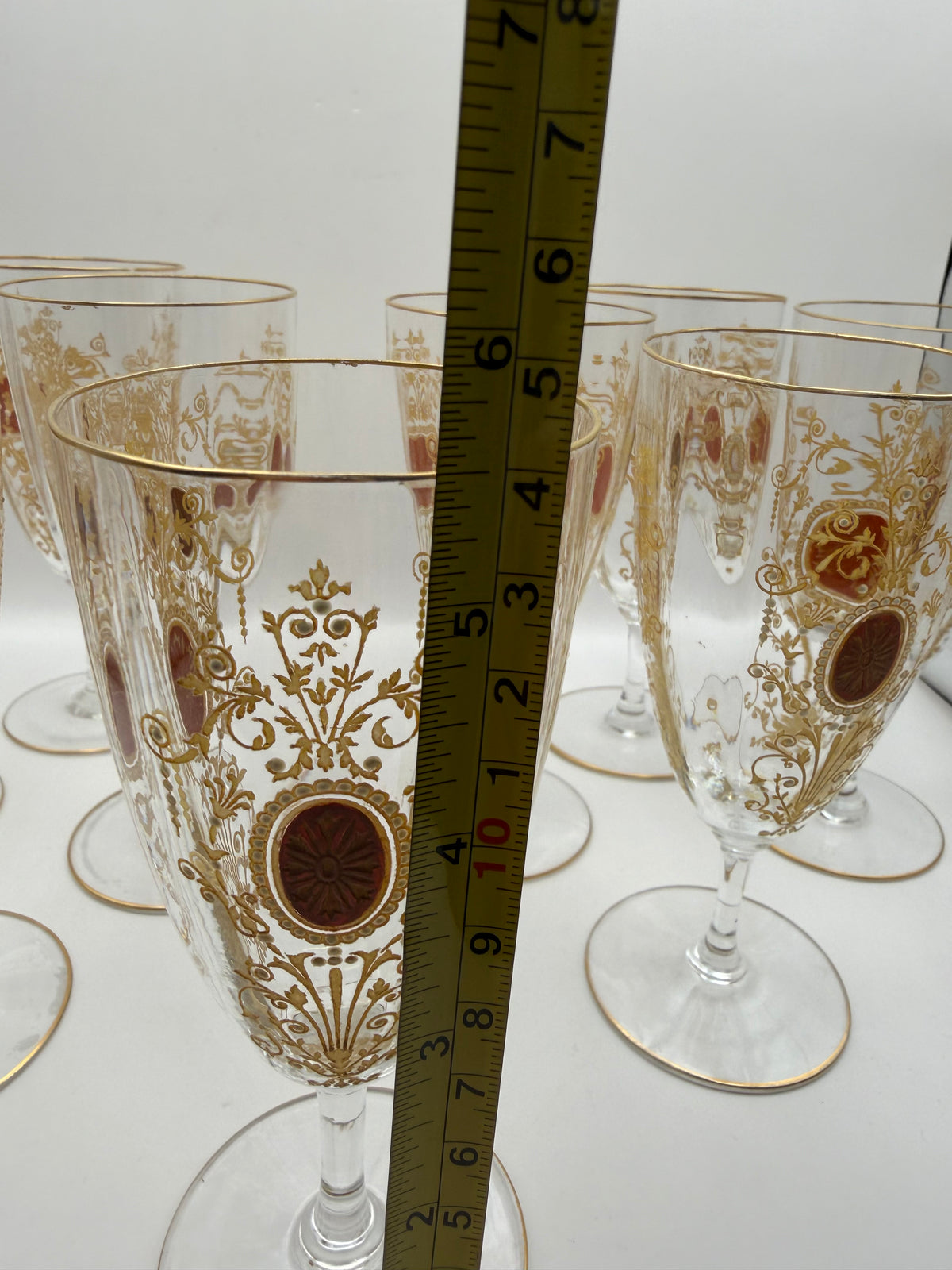 Bohemian Set of 9 Stemmed Wine Glasses Clear Gold Rim Floral Scroll Red Medallion