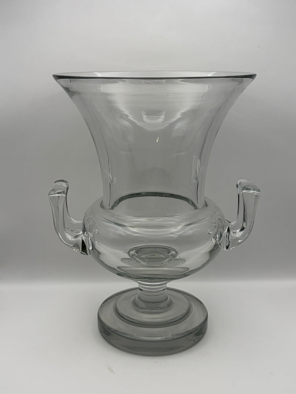 Clear Glass Pedestal Vase With Side Handles Flared Rim 11 in