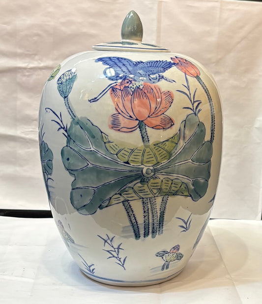 Vintage Chinoiserie Asian Ginger Jar Pink Lotus Flower Blue Heron Green Floral