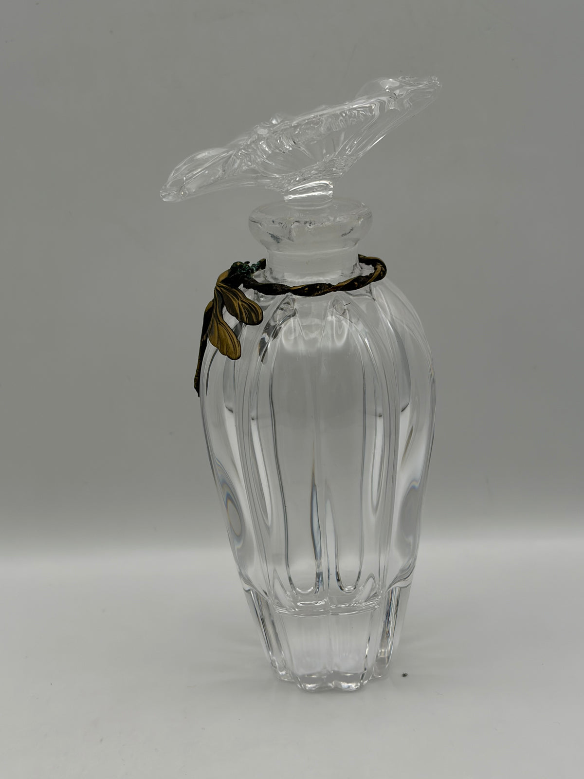 Decorative Clear Glass Perfume Bottle with Flower Stopper & Dragonfly Accent