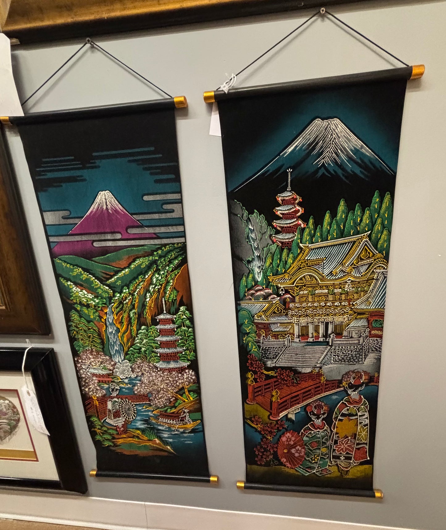 Japan black velvet scroll tapestry set of two