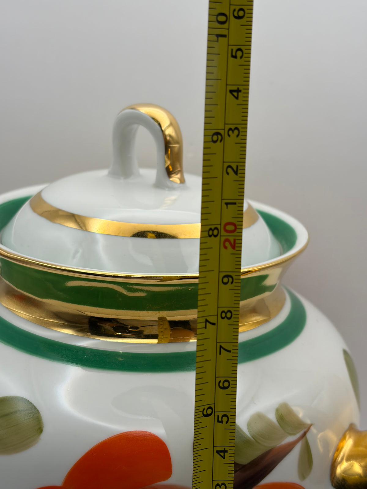 Vintage porcelain  Tea Pot Floral Pattern White Green Band Gold Trim Lid agaski