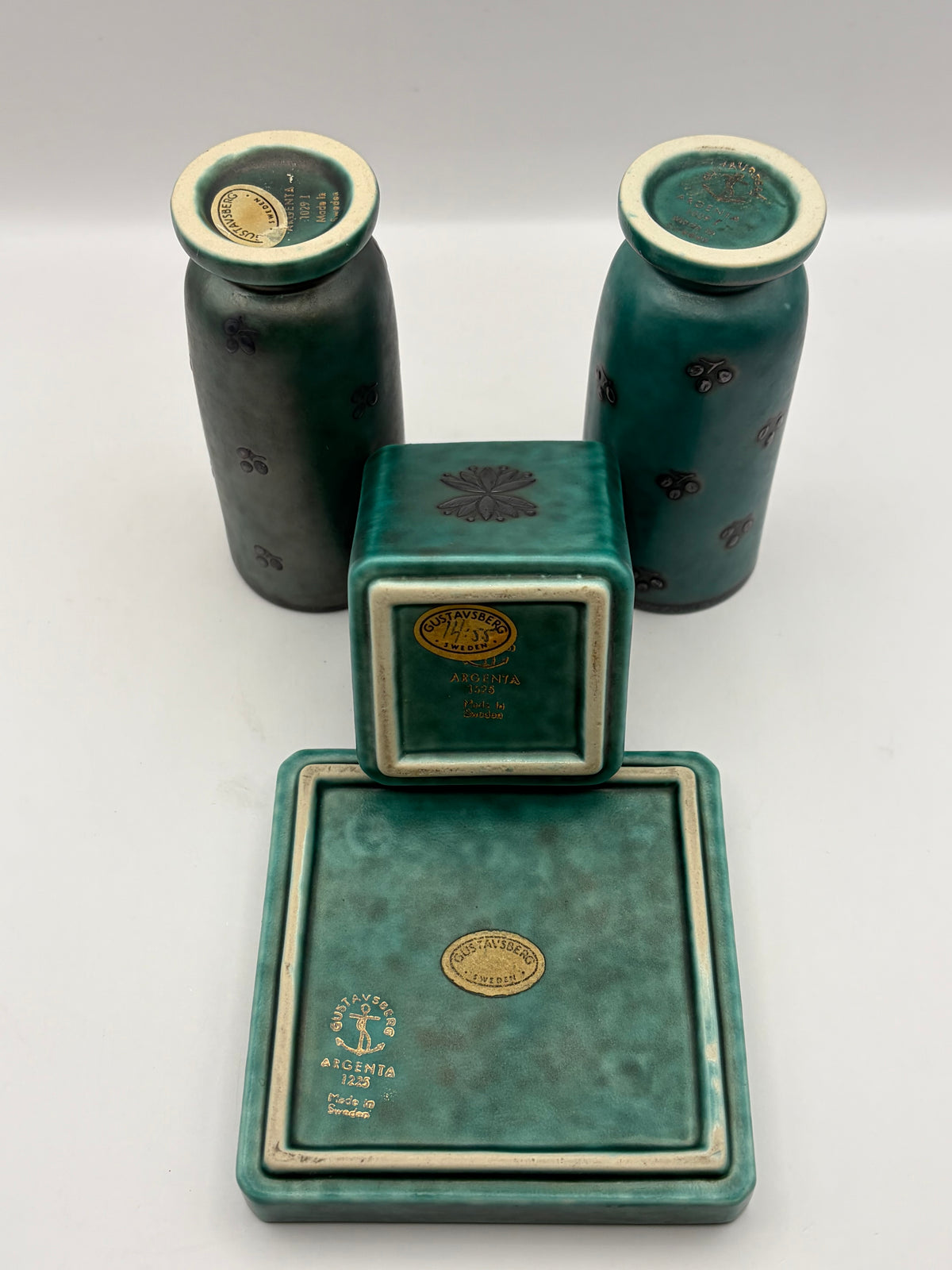Gustavsberg Argenta Green Ceramic Floral Vase & Tray Set 3-Piece 1958