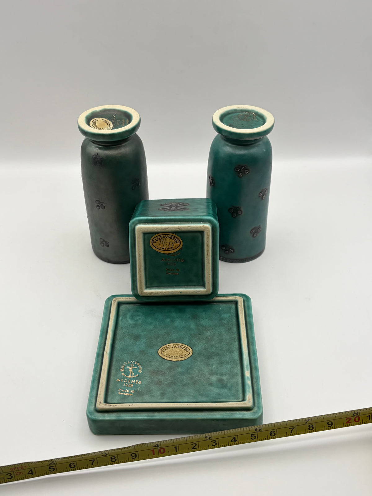Gustavsberg Argenta Green Ceramic Floral Vase & Tray Set 3-Piece 1958