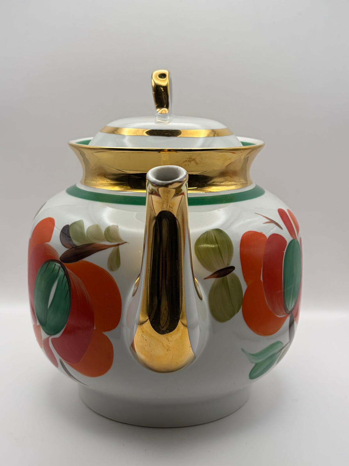 Vintage porcelain  Tea Pot Floral Pattern White Green Band Gold Trim Lid agaski