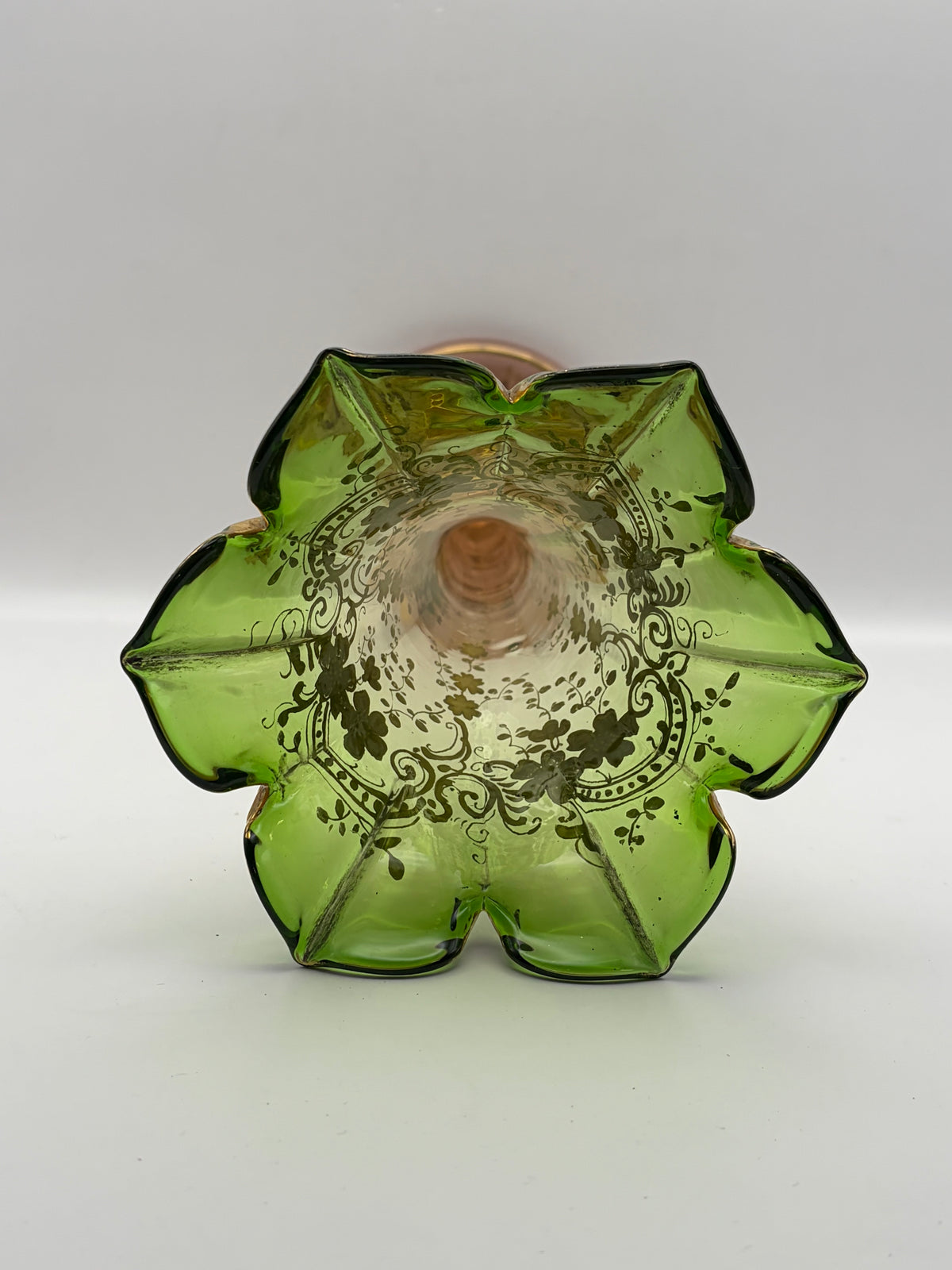 Hand Painted Floral Glass Trumpet Vase Green & Pink Flared Scalloped Rim 11"