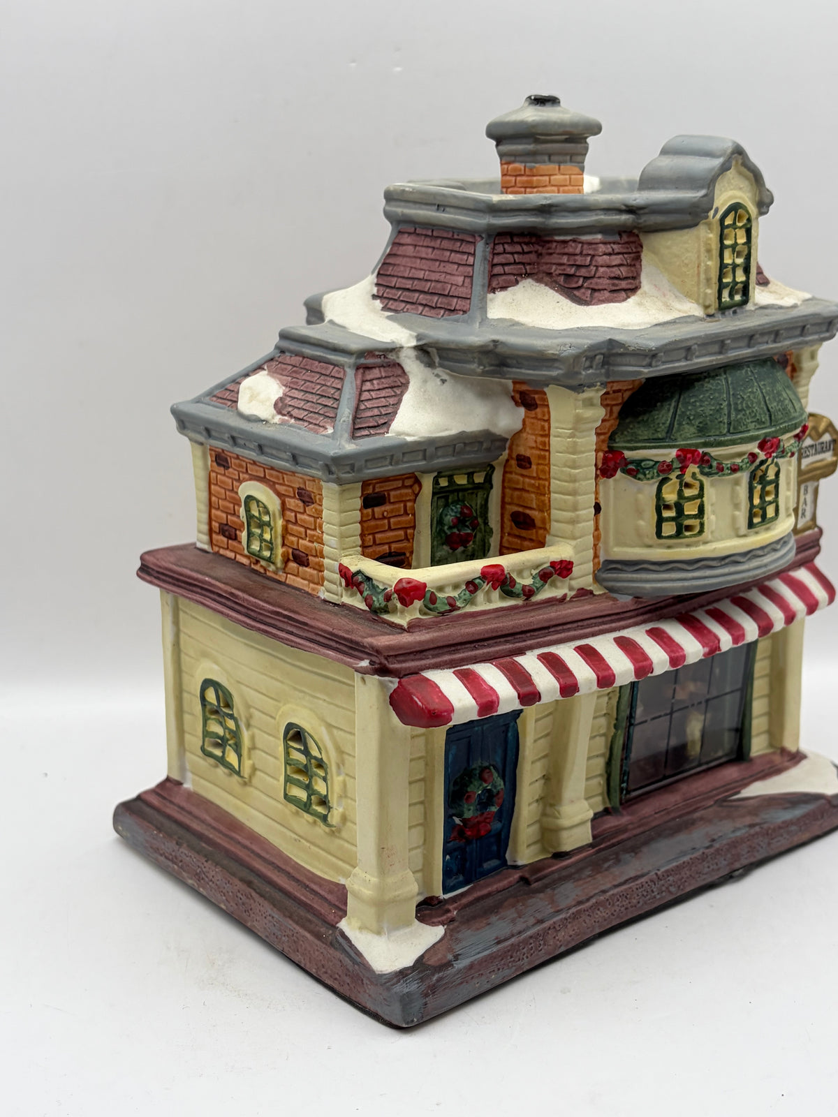 Ceramic Christmas Village Restaurant/Bar House Building, Painted Snow, 8in Tall