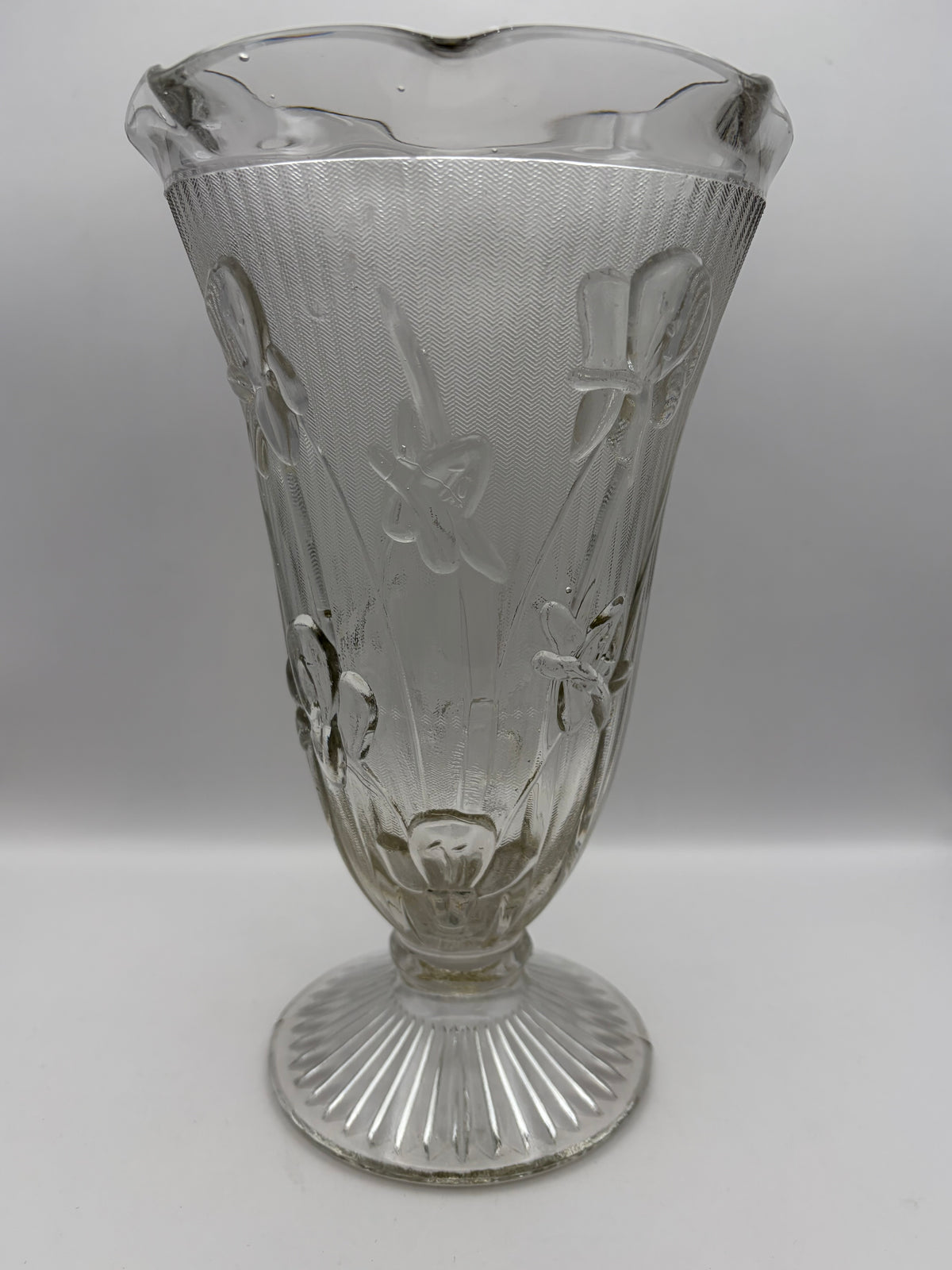 Vintage clear pressed glass footed flower vase  Irish herringbone pattern 1928 - 1932