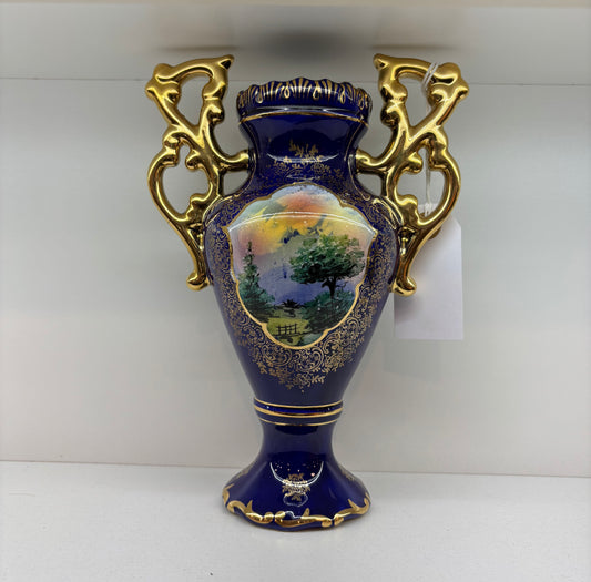 Vintage ELPA Alcobaga Portugal Porcelain Vase Navy Gold Decorative - Stunning! 6,1/4” x 9”