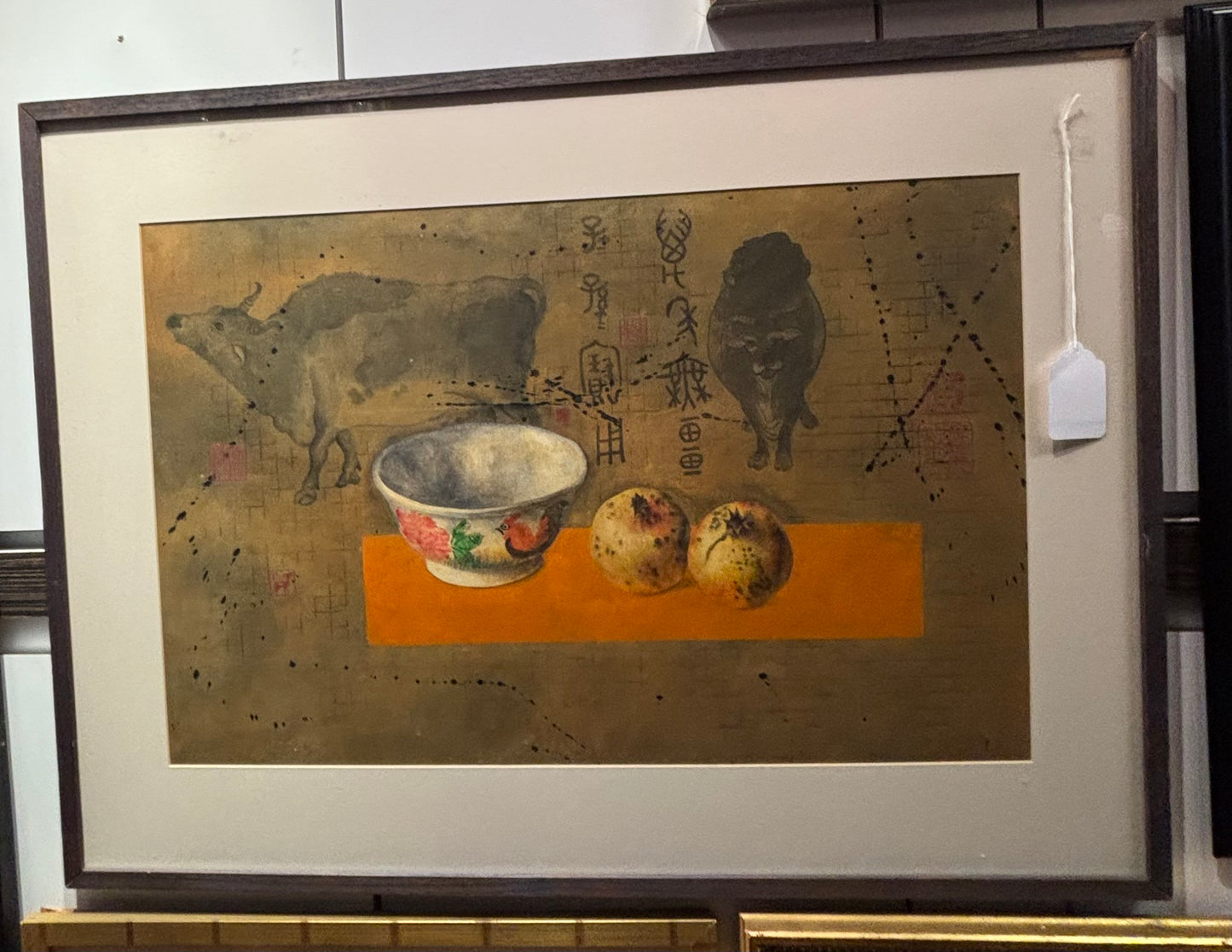 Two bulls and a bowl with two fruits Art frame