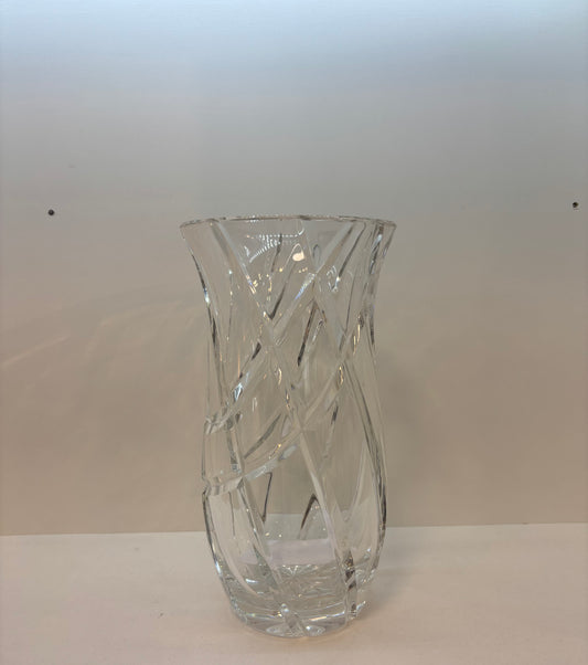 vtg heavy thick hand cut crystal flared 8.75'' glass vase swirling cut design