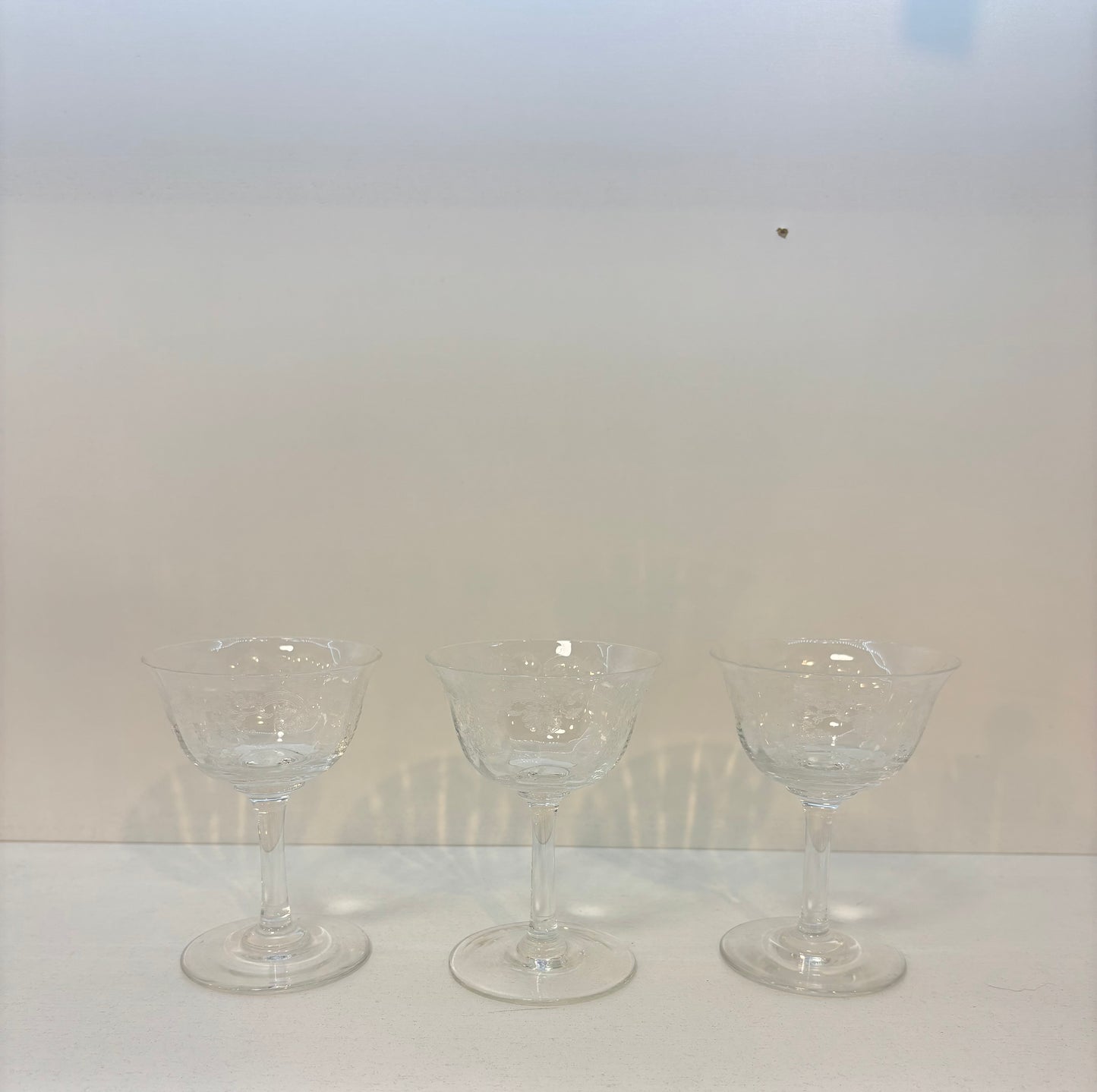 Set of 3 Clear floral etched ,Cordial Stemware Bar Glasses