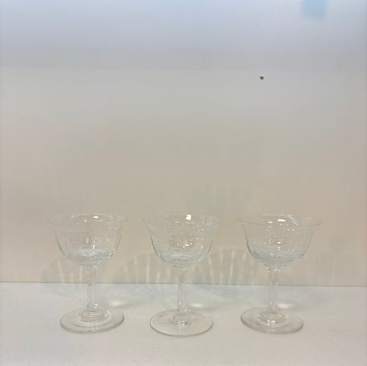 Set of 3 Clear floral etched ,Cordial Stemware Bar Glasses
