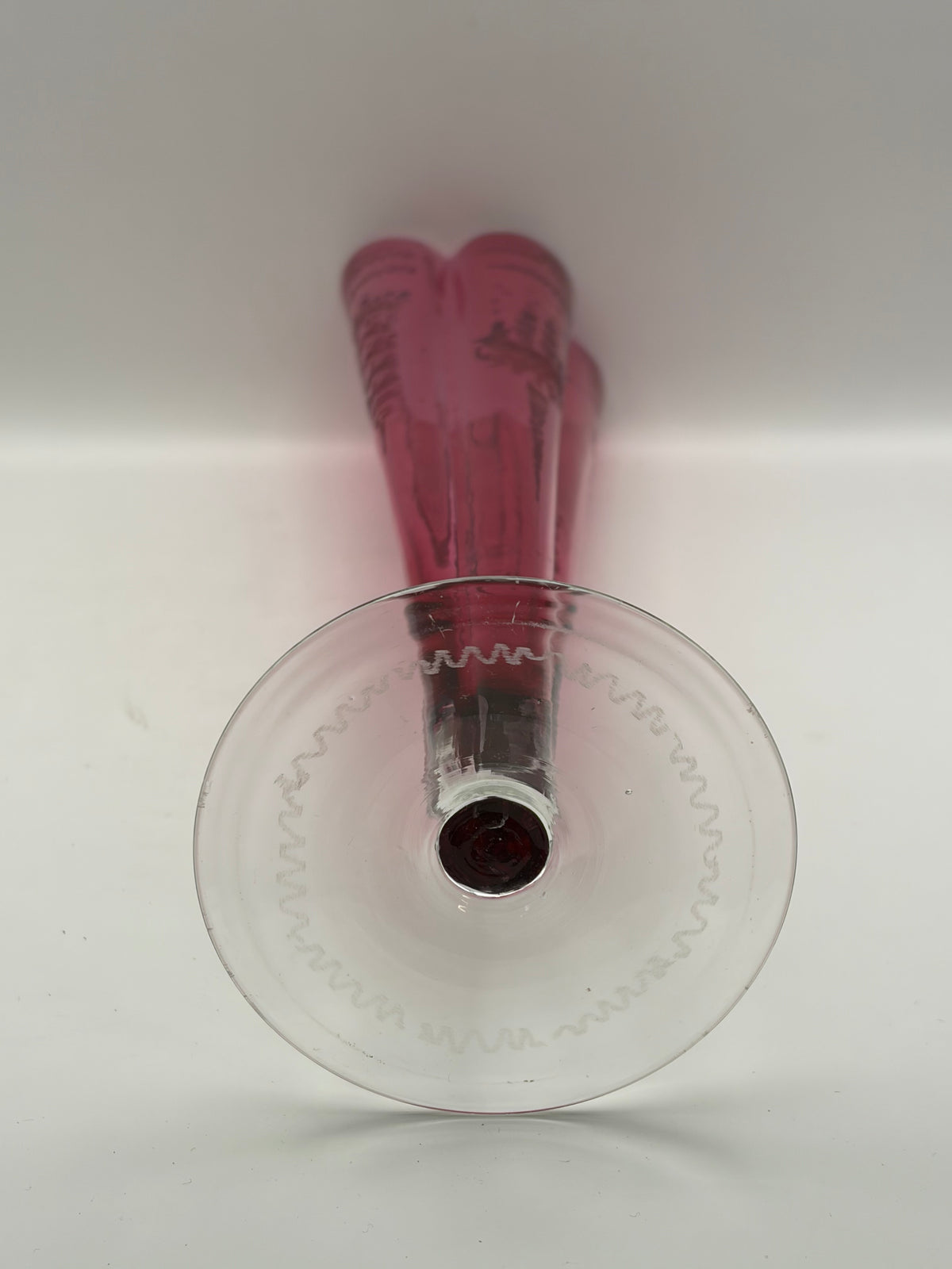 Zodad Pink Art Glass Vase Etched Abstract Design Clear Foot 12 in H 7 in L