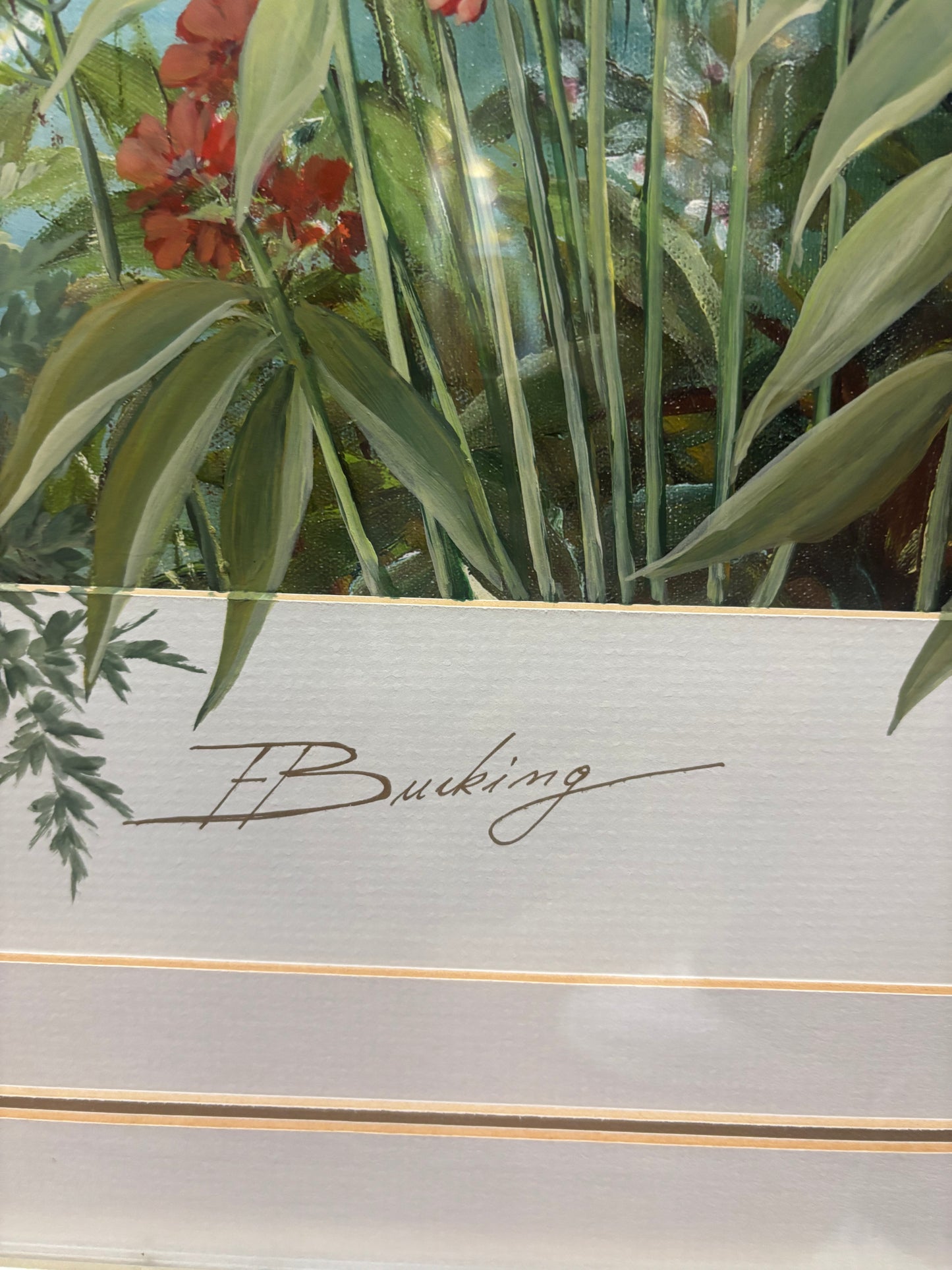 “Red floral with bridge” water color, signed E. Bucking