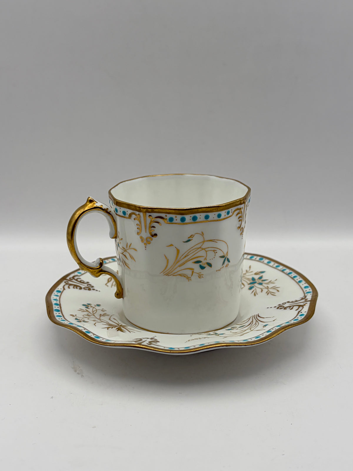 Royal Crown Derby Normandie Bone China Cup & Saucer 8 oz White Gold Blue A114