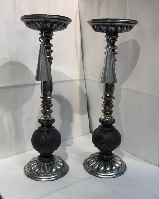 Dilly 1960’s Vintage Pair Of Wood/Pewter Candle Stick Holders With Attached Snuffer Farmhouse Cottage Decor Collectible Holiday Gift Idea