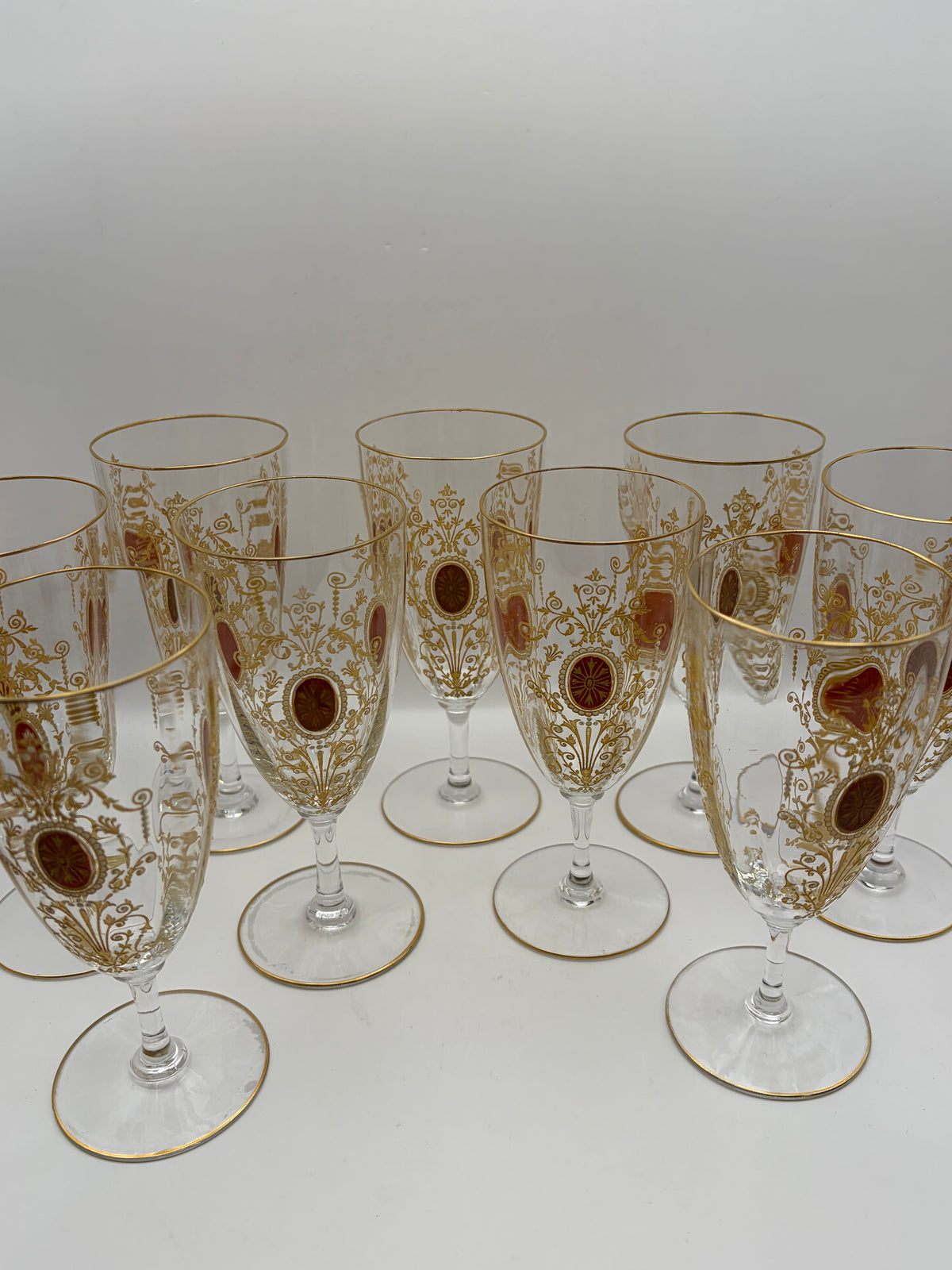 Bohemian Set of 9 Stemmed Wine Glasses Clear Gold Rim Floral Scroll Red Medallion