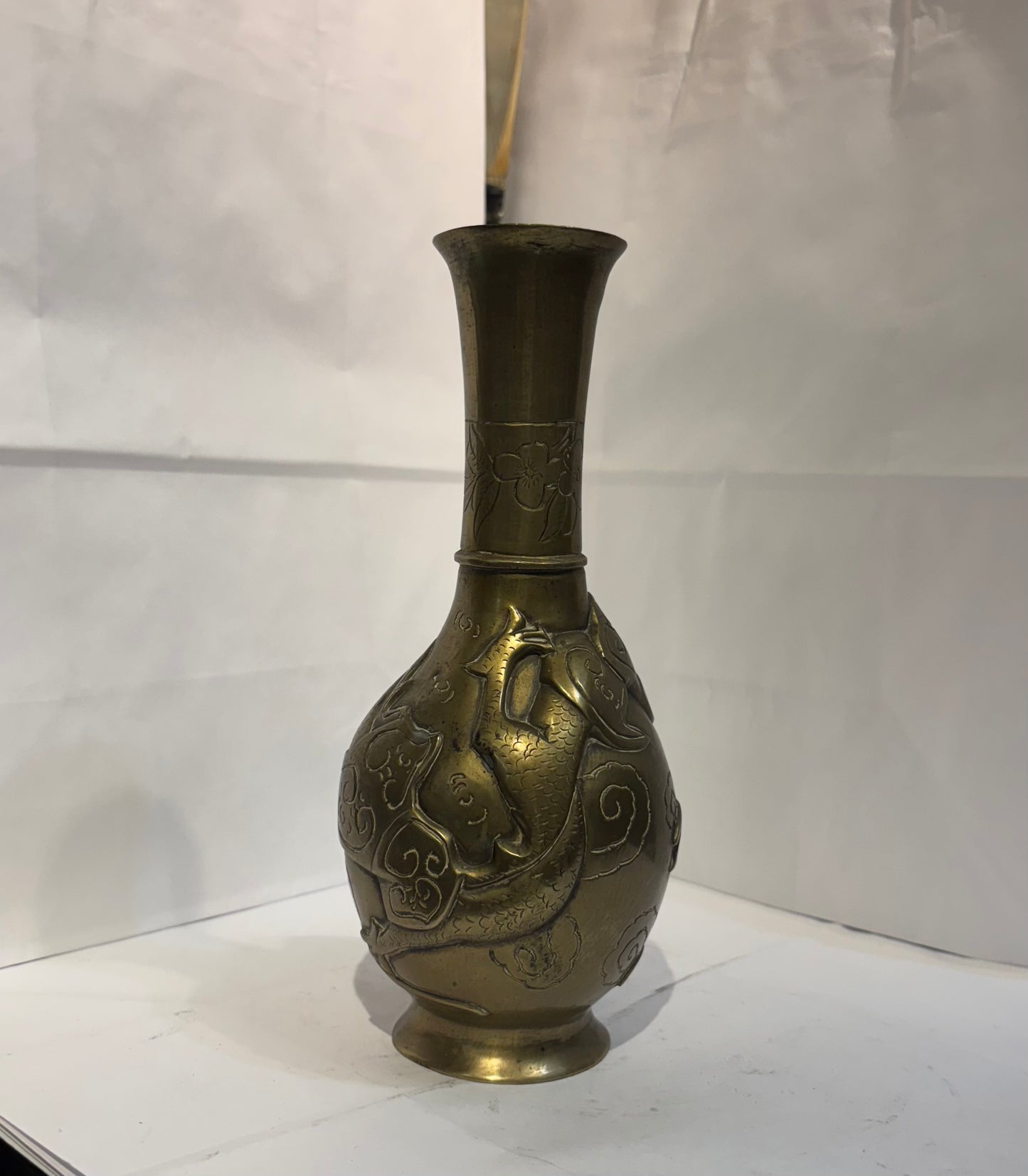 Antique Chinese Brass Vase with Dragon Relief handmade.